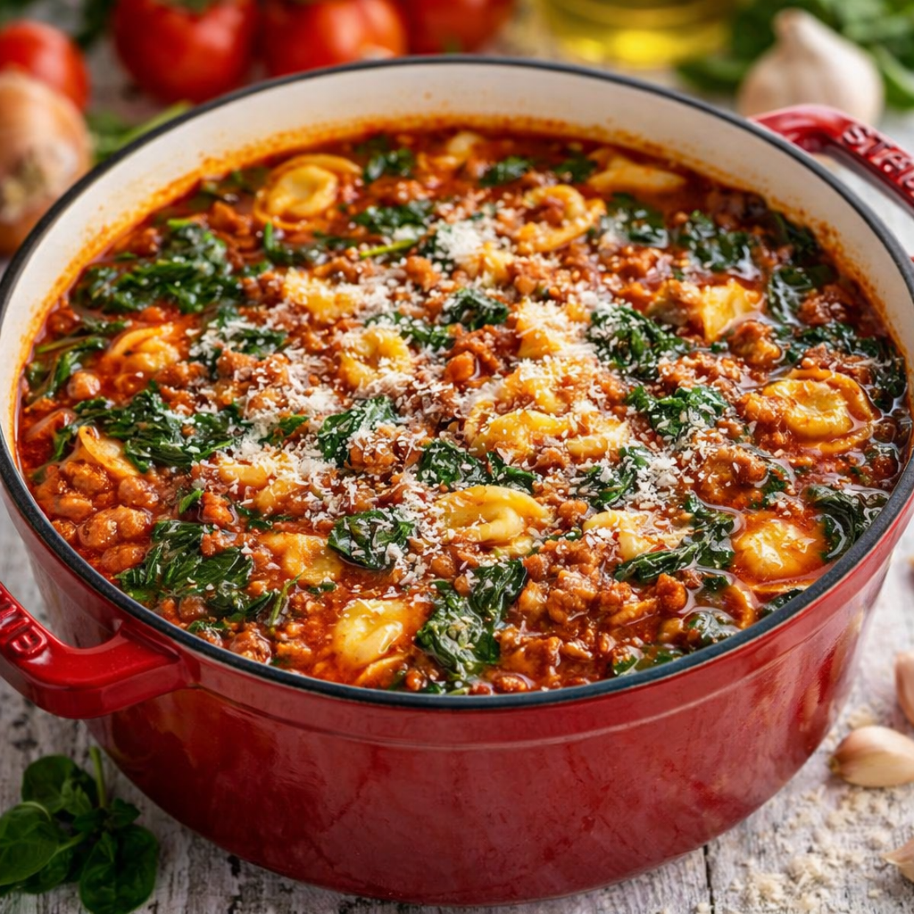 Sausage Spinach Tortellini Soup in a red dutch oven pot