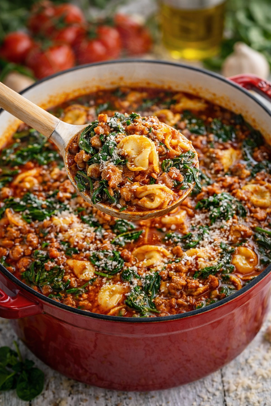 Sausage Spinach Tortellini Soup in a red dutch oven pot with a spoon lifting up some