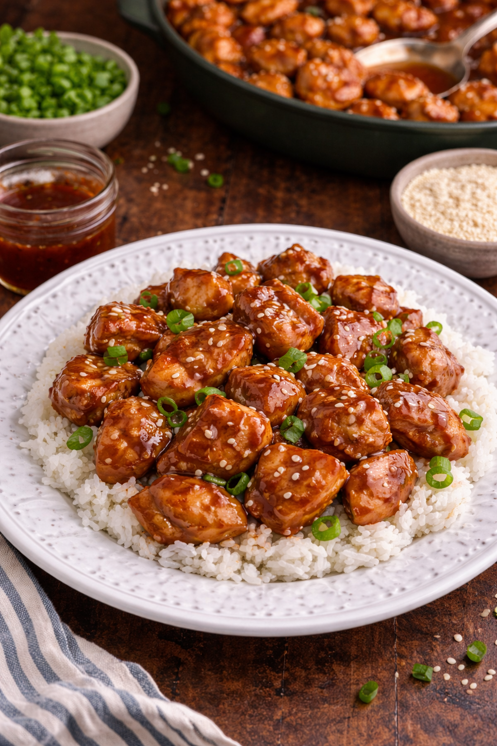 Bourbon Chicken piled on top of a plate with some rice on the side and topped with sesame seeds and green onions