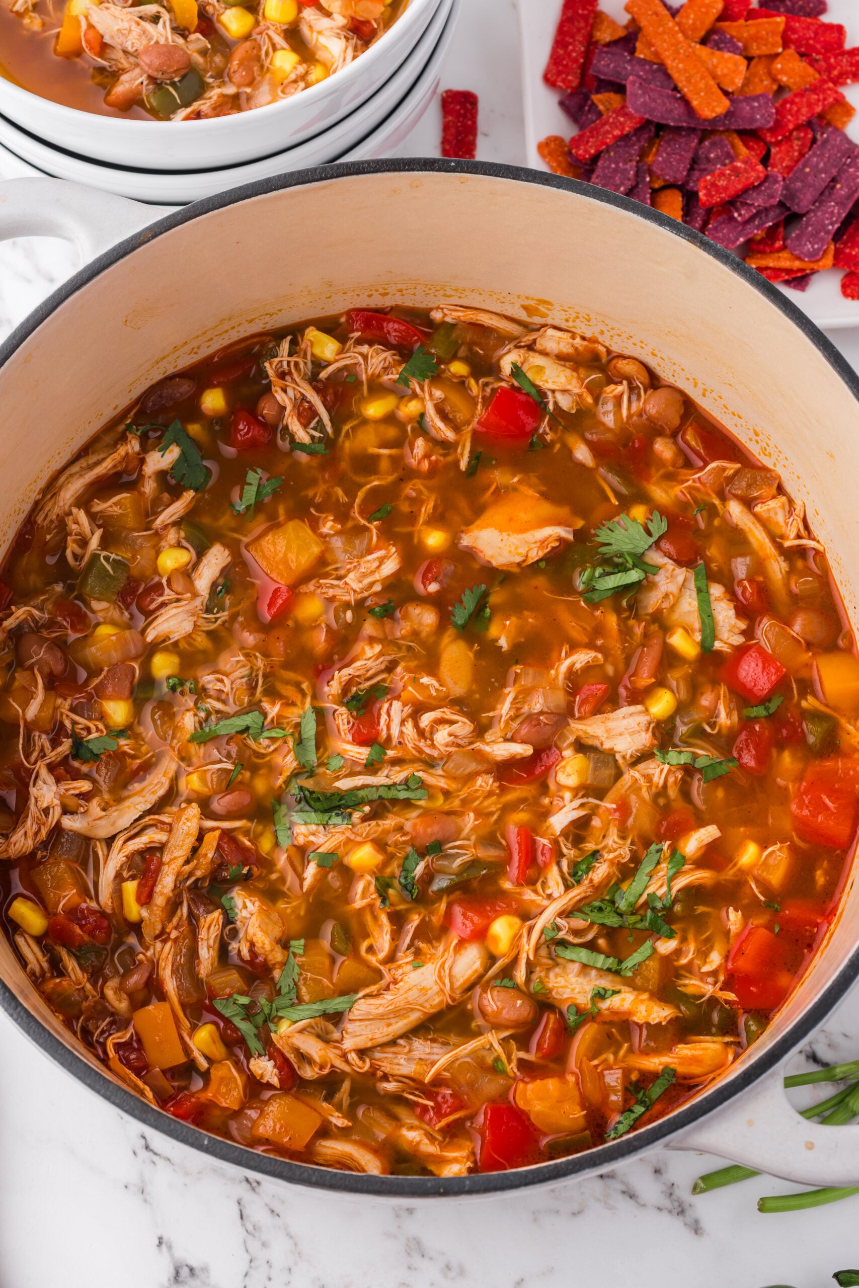 Southwestern Chicken Soup in a white pot overhead