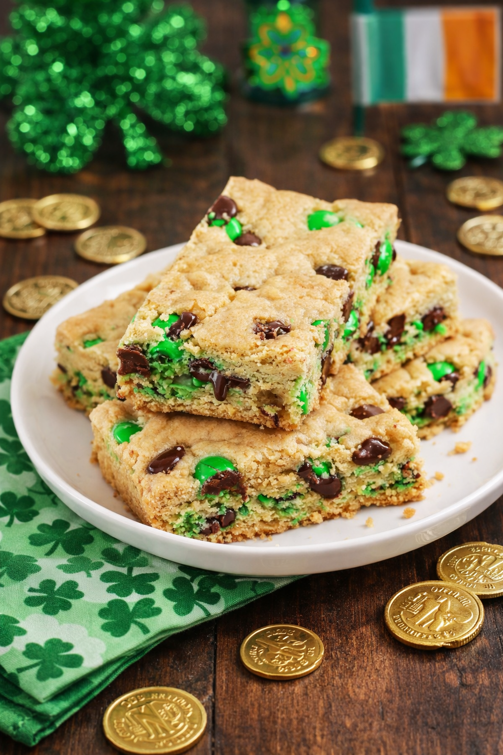 side view of Saint Patrick's Day Chocolate Chip Cookie Bars on a white plate with st paddys day decor