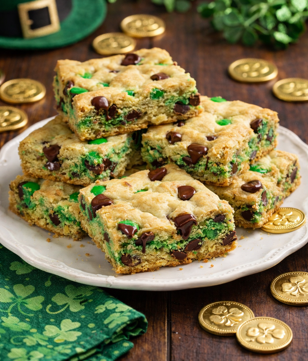 Saint Patrick's Day Chocolate Chip Cookie Bars on a white plate with st paddys day decor and gold coins around