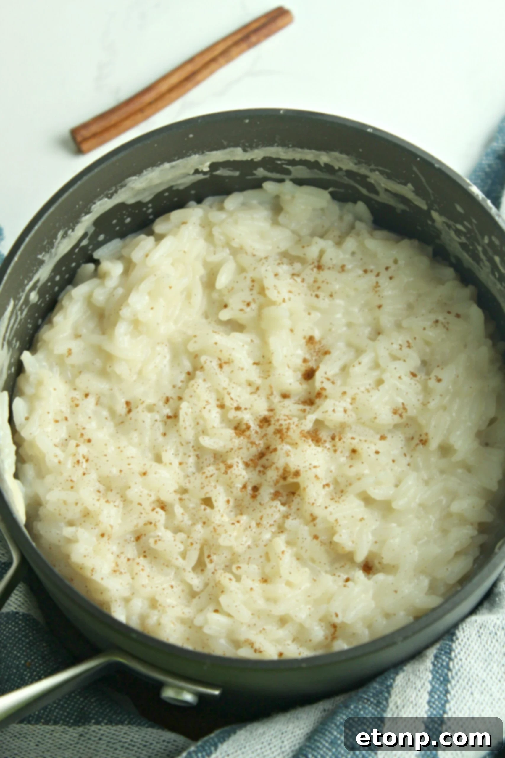 Close-up of creamy rice pudding in a serving dish