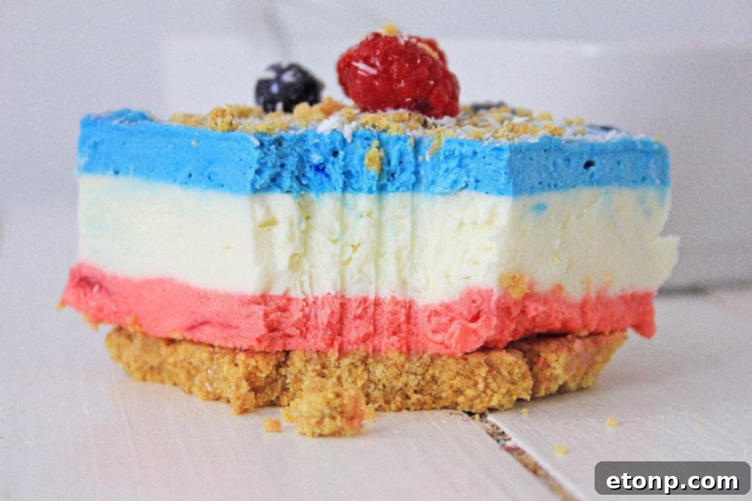 Delicious layers of red, white, and blue No-Bake Berry Cheesecake Lasagna ready to be served.