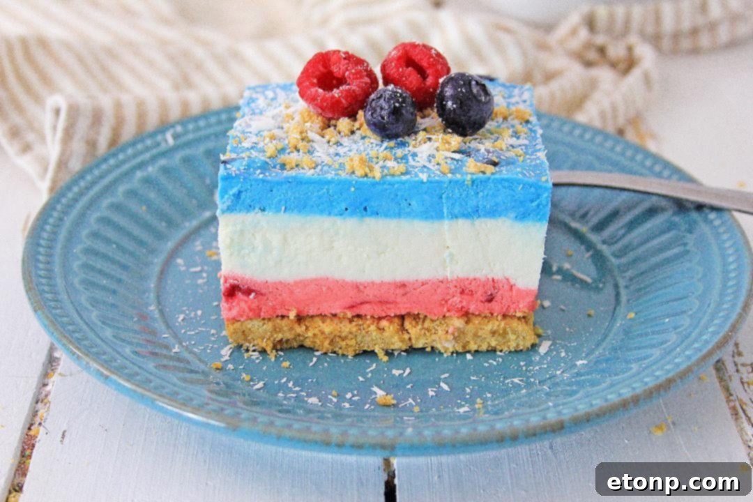 A top-down view of the freshly prepared berry cheesecake before chilling, highlighting the red, white, and blue colors.