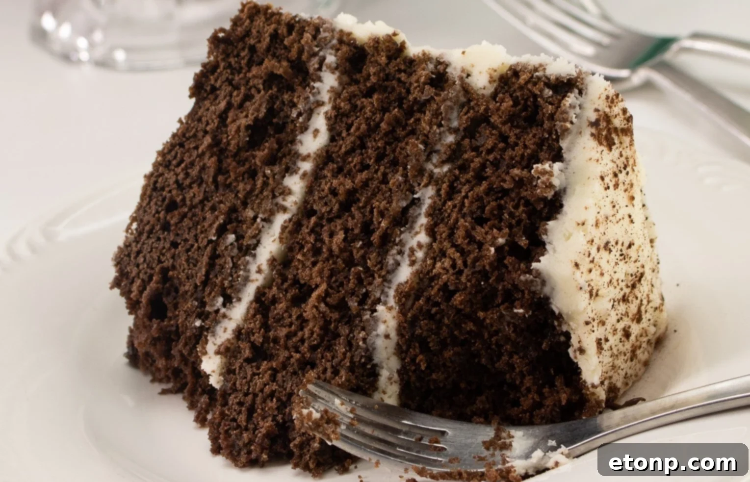Overhead shot of the decadent Bailey's Irish Cream Chocolate Cake, showcasing its luscious layers and Kahlua frosting.