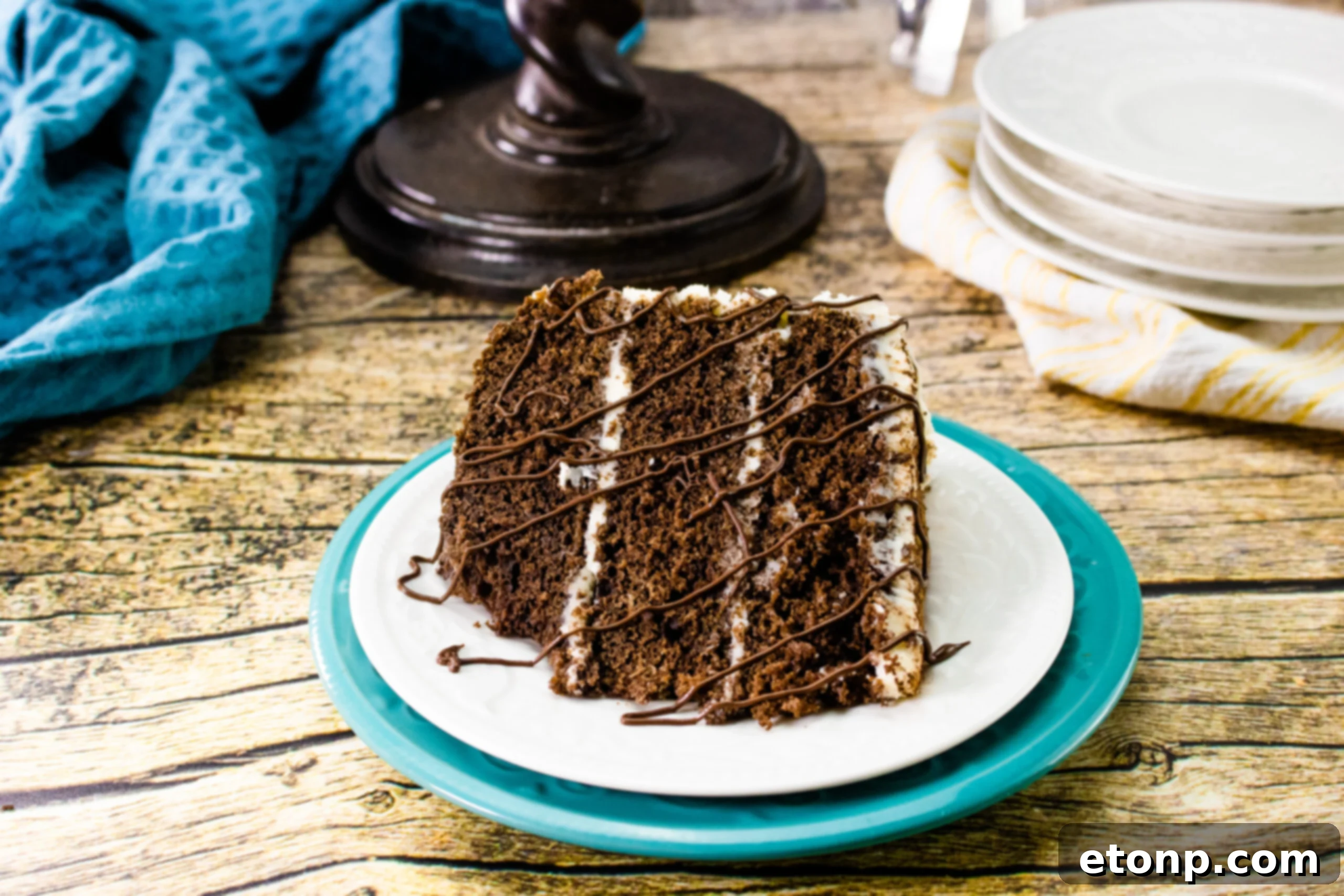 A beautifully presented slice of Bailey's Irish Cream Chocolate Cake, showcasing its moist texture and perfect frosting layers.