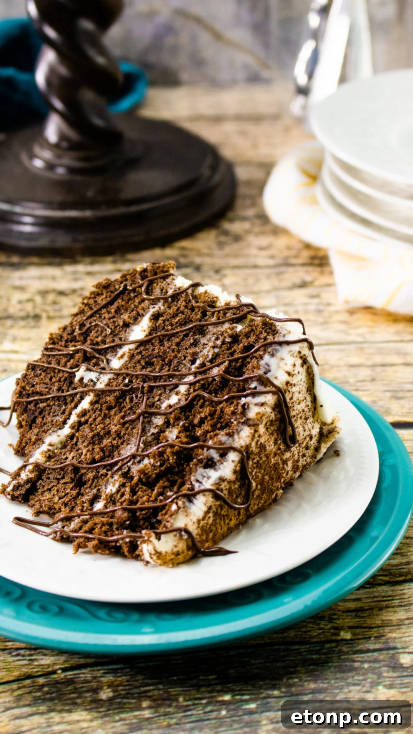 A close-up, tempting shot of the Bailey's Irish Cream Chocolate Cake, showcasing its texture and glaze.