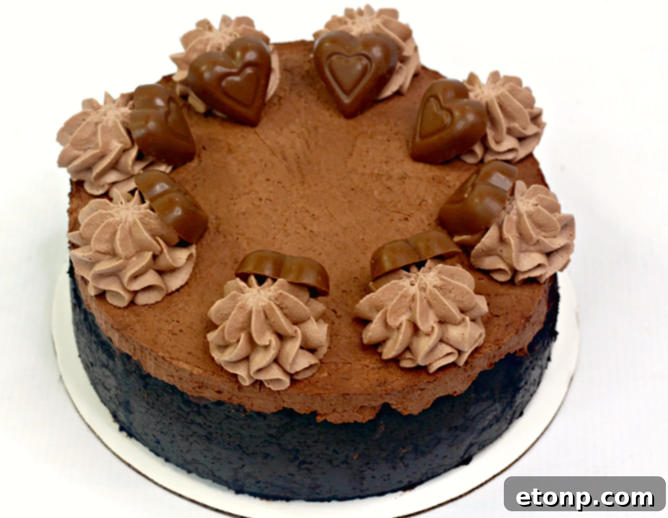 Close-up of a slice of Triple Chocolate Layered Godiva Cheesecake, showing distinct chocolate layers