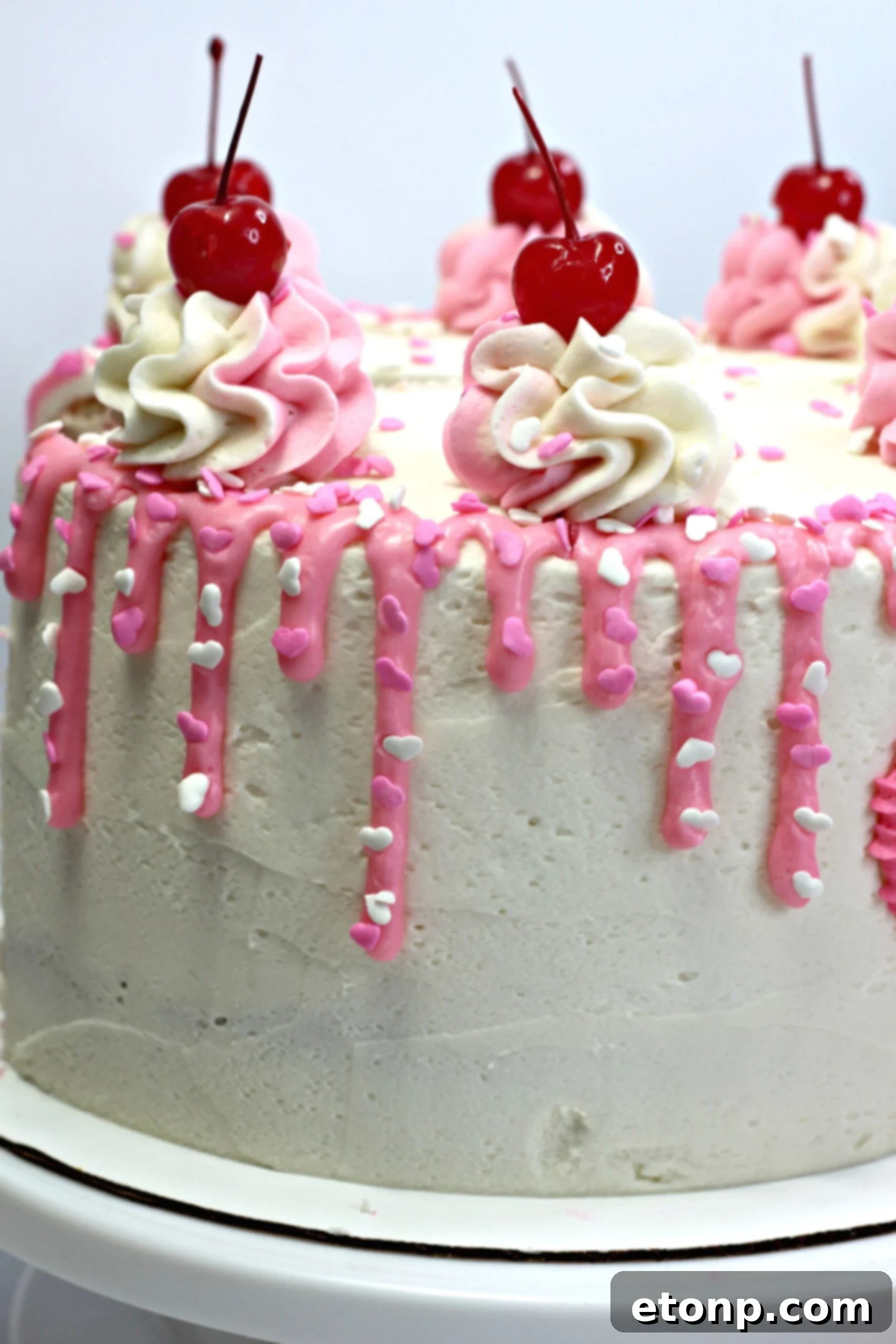 Detailed shot of the top of the Valentine's Day Love Cake, showcasing piped frosting dollops, heart sprinkles, and cherries.