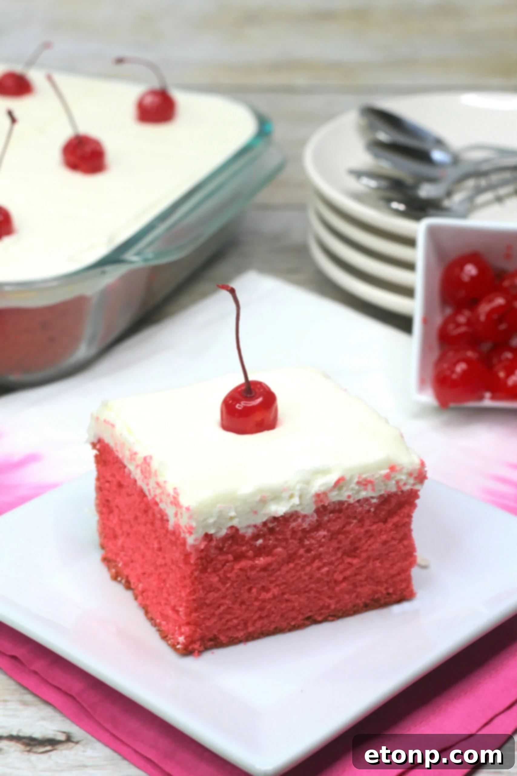 A full view of the Very Cherry Cake, highlighting its elegant presentation and inviting appearance, ready to be served.
