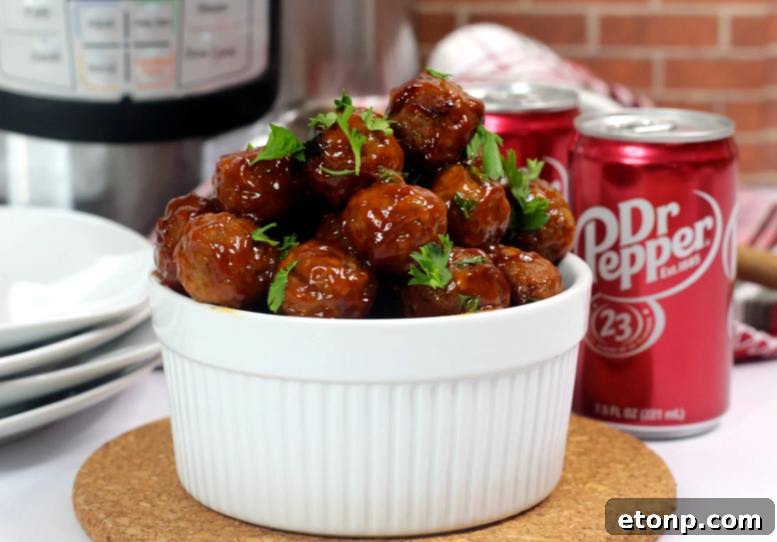 A large pot of Dr Pepper Meatballs, perfect for serving a hungry crowd at a Super Bowl party or family gathering.