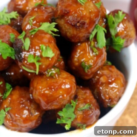 Dr Pepper Meatballs, a close-up shot of the finished dish ready to serve in a bowl.