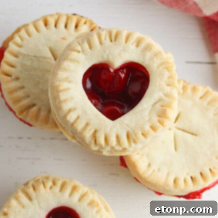 A close-up of a delicious mini cherry pie with a detailed crust