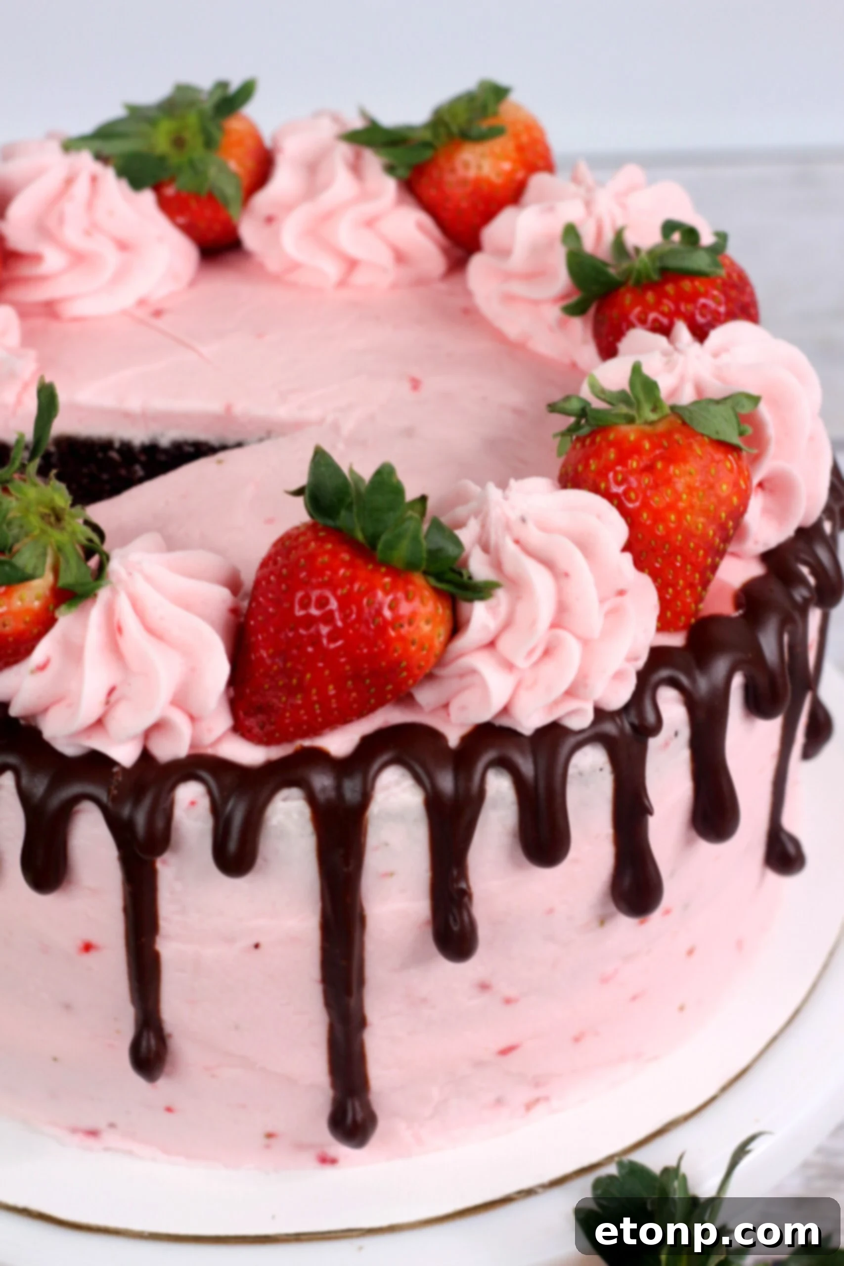 Close-up of a slice of moist Chocolate Kahlua Cake with strawberry frosting