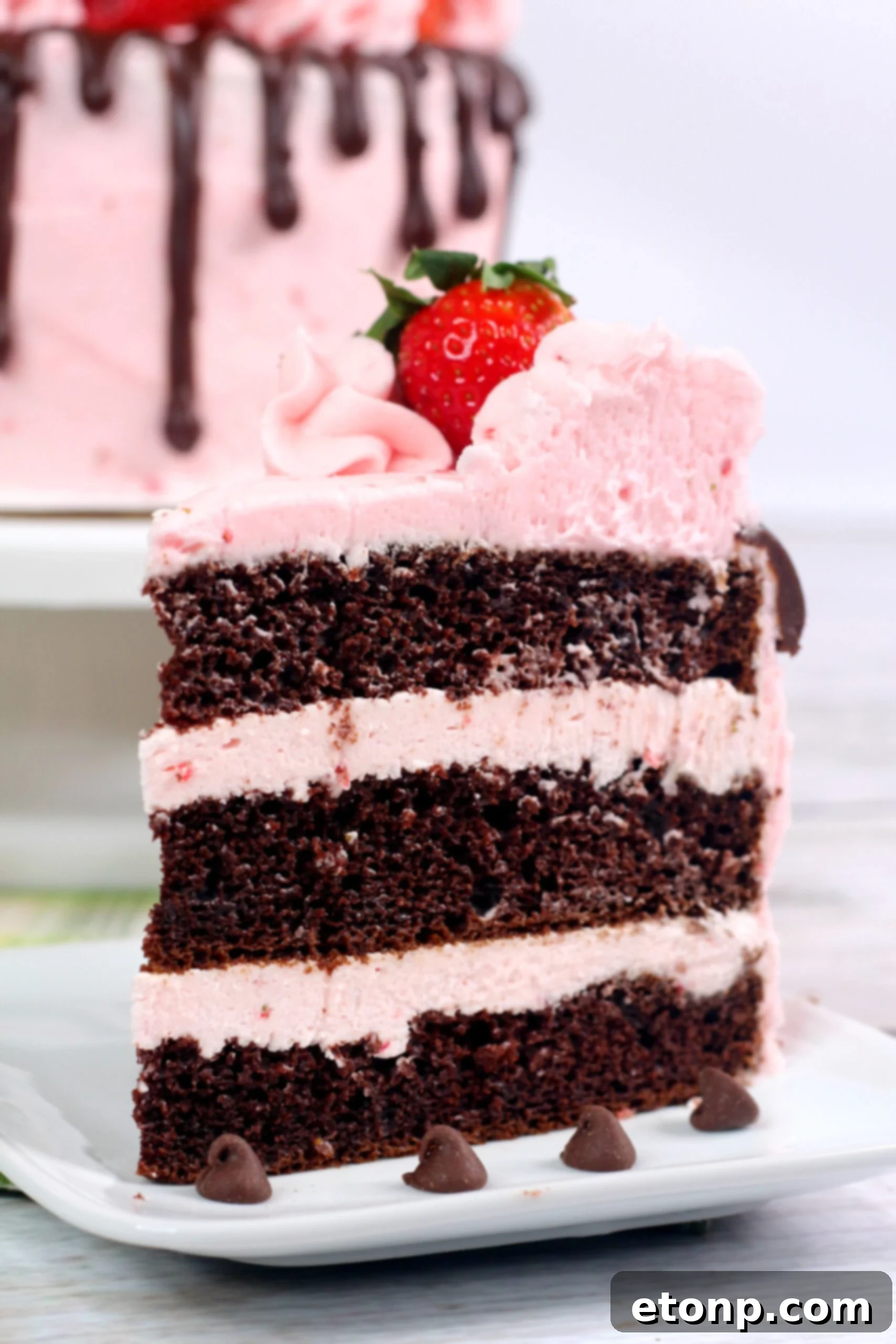 Chocolate Kahlua Cake layers generously frosted with strawberry buttercream