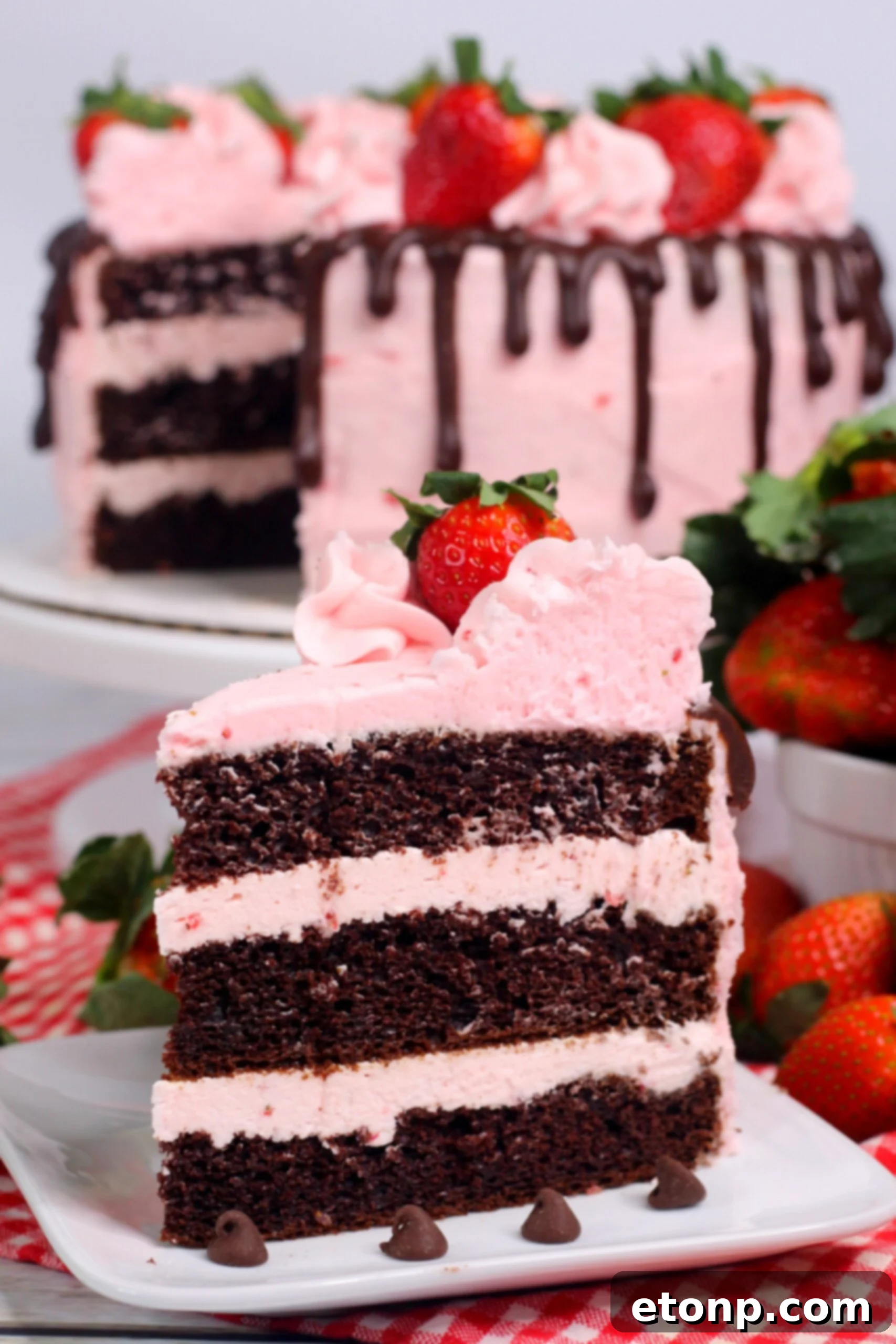 Chocolate Kahlua Cake with strawberries and a festive table setting