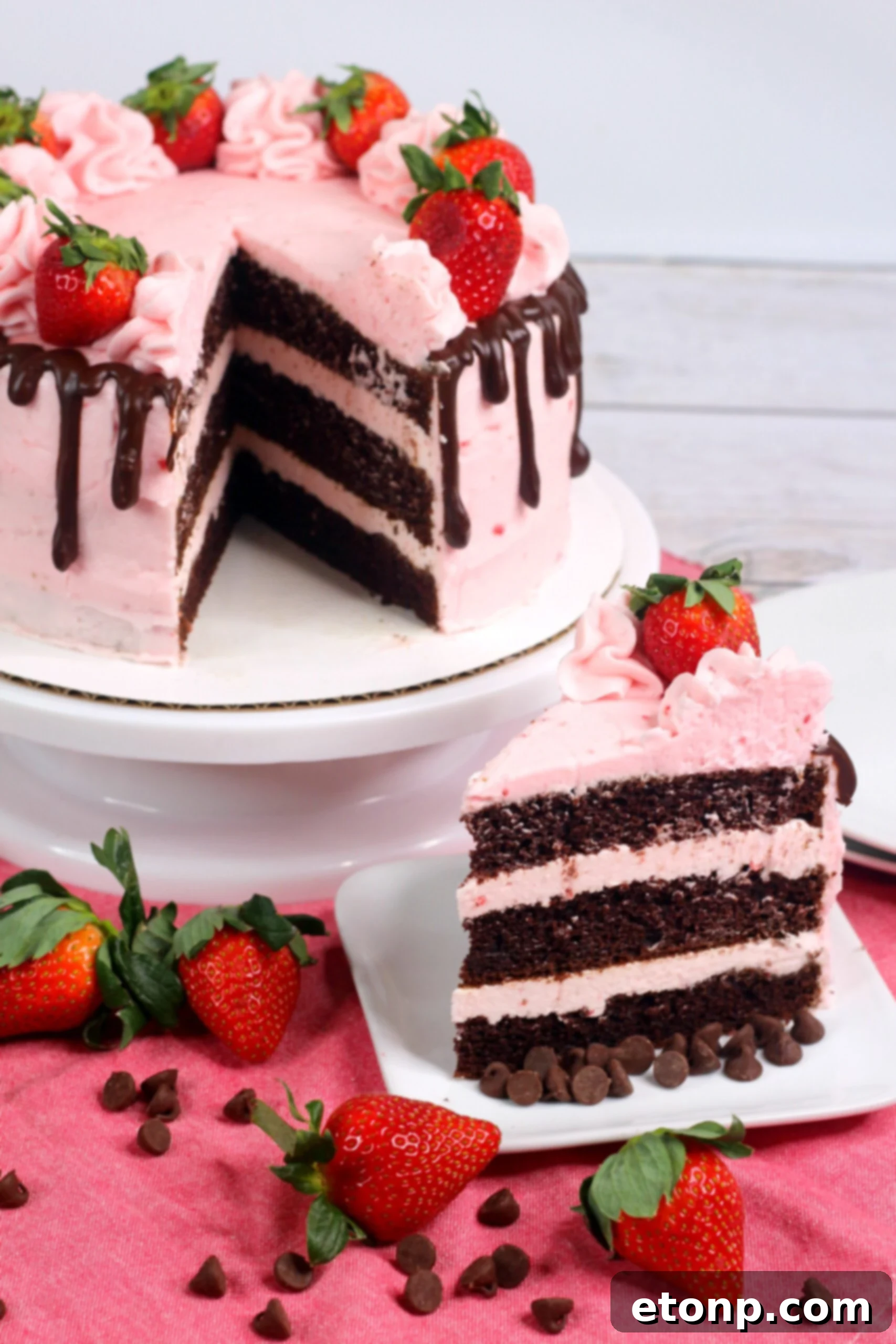 Another view of the Chocolate Kahlua Cake layers and fresh strawberries