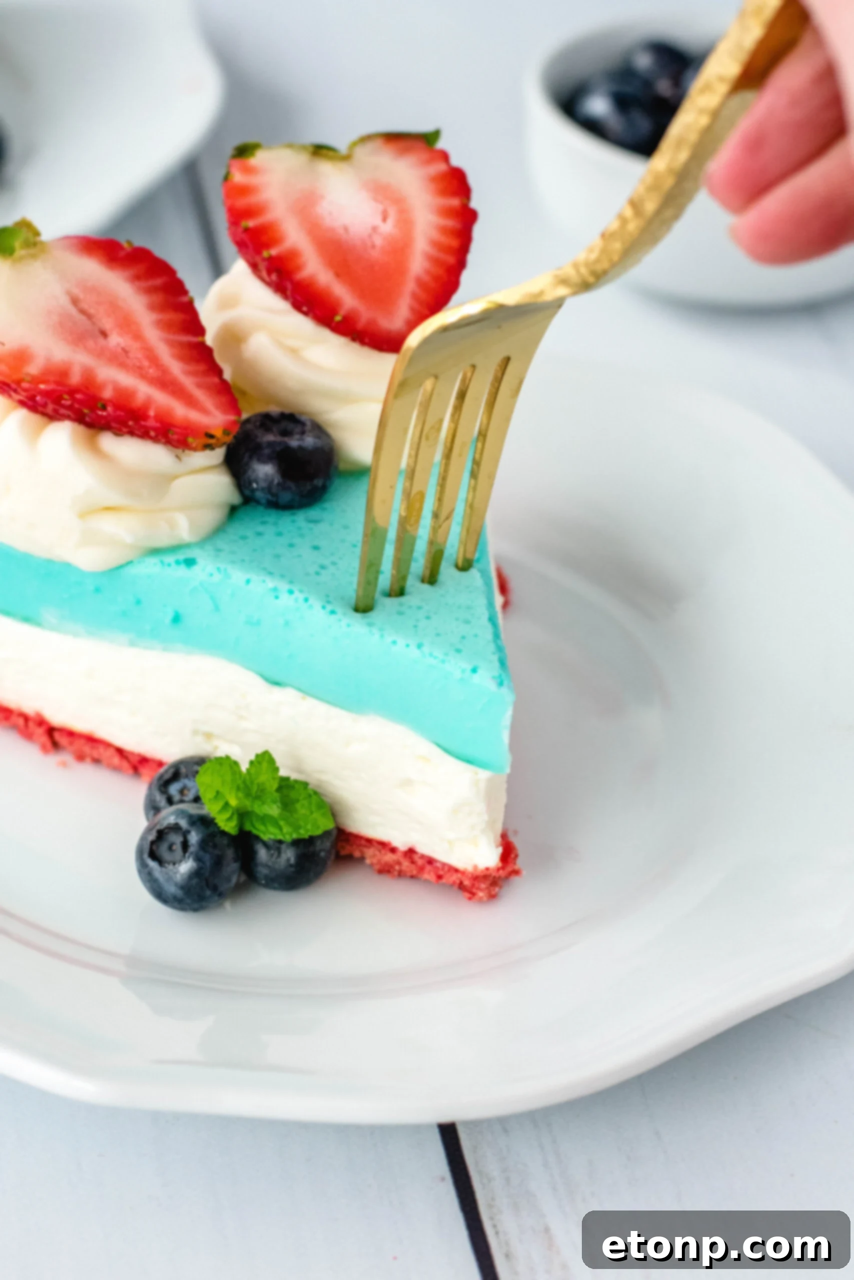 Side view of No-Bake Patriotic Cheesecake showing distinct layers