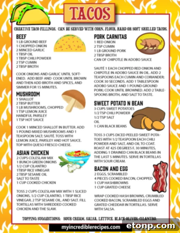 Six Creative Homemade Taco Recipes 2 A vibrant selection of creative homemade taco fillings and fresh toppings, ready to be assembled in various taco shells.