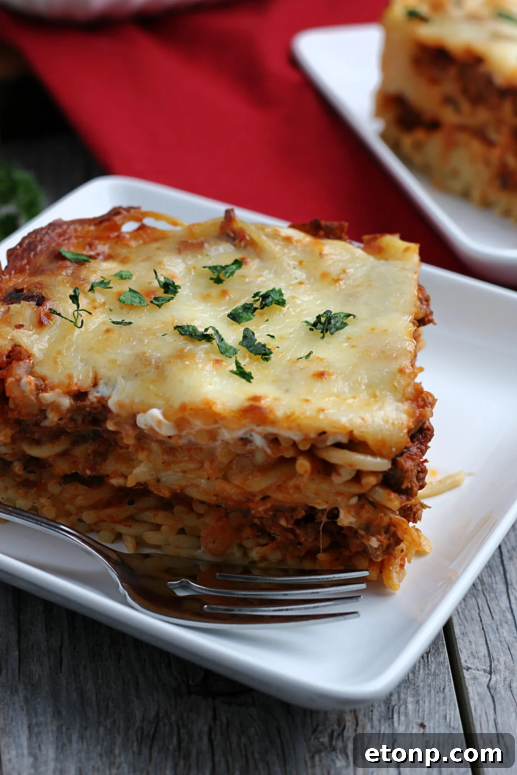 Rich Beef and Melted Cheese Baked Spaghetti 6 Individual serving of baked spaghetti on a plate, garnished