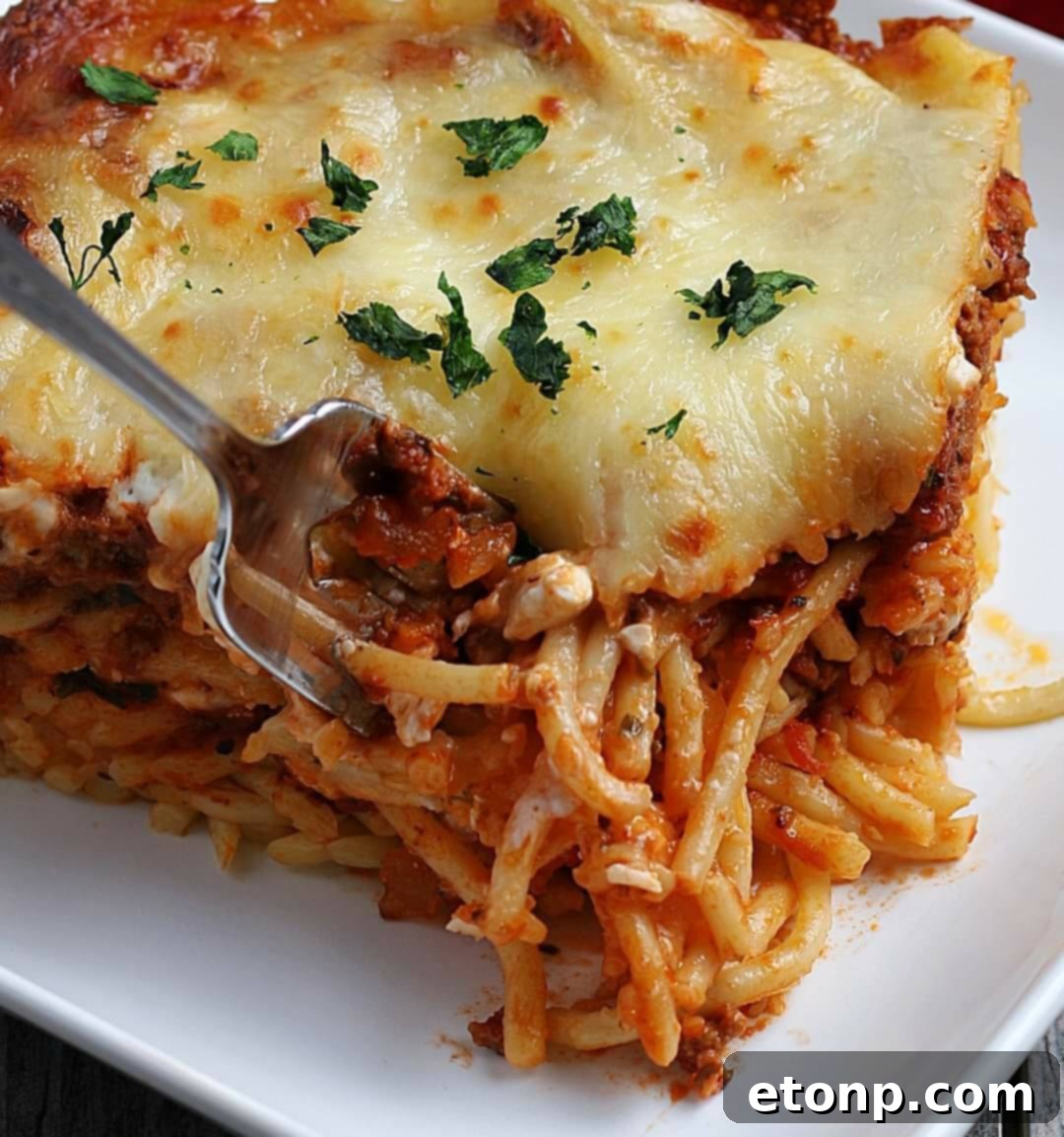 Rich Beef and Melted Cheese Baked Spaghetti 7 A closer look at the baked spaghetti, showing the textures