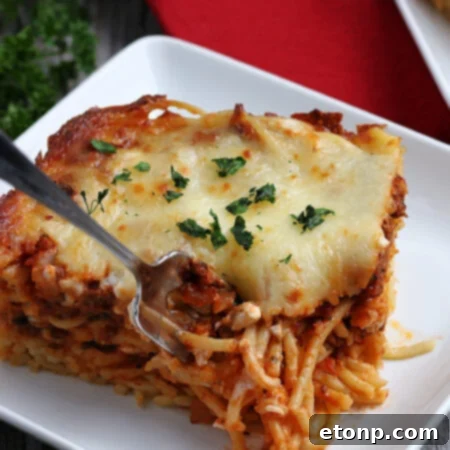 Cheesy Beefy Baked Spaghetti