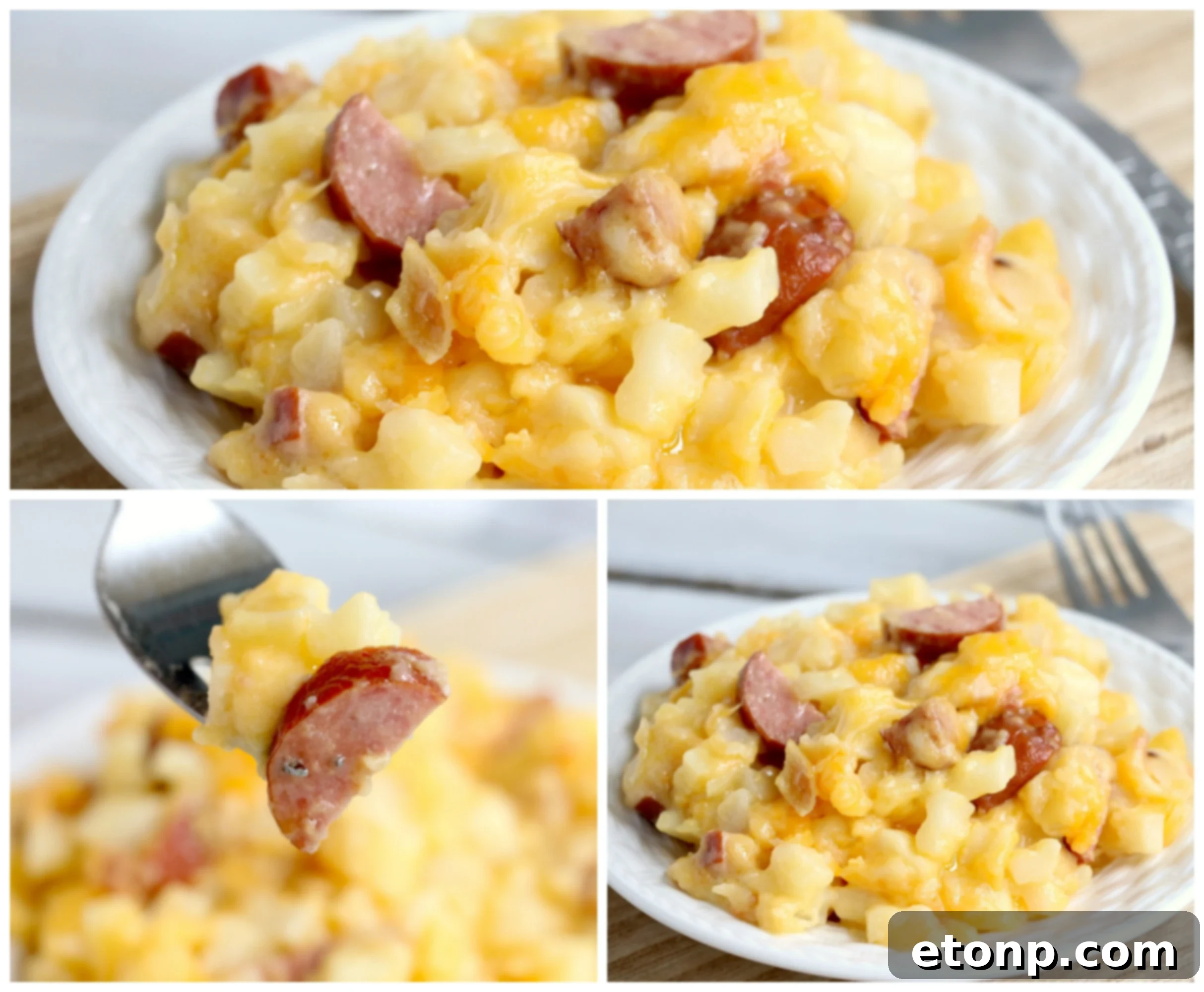 A beautifully composed wide shot of the Slow Cooker Cheesy Kielbasa Hashbrown Casserole freshly cooked in the slow cooker, perfectly golden and ready for serving a hungry crowd.