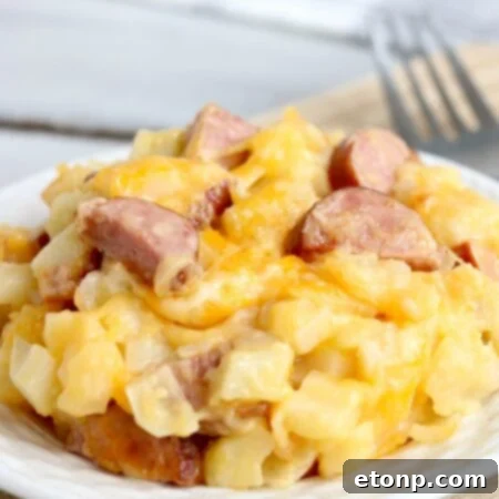 A stylized, circular thumbnail image of the Slow Cooker Cheesy Kielbasa Hashbrown Casserole, showcasing its appealing presentation for a recipe card.
