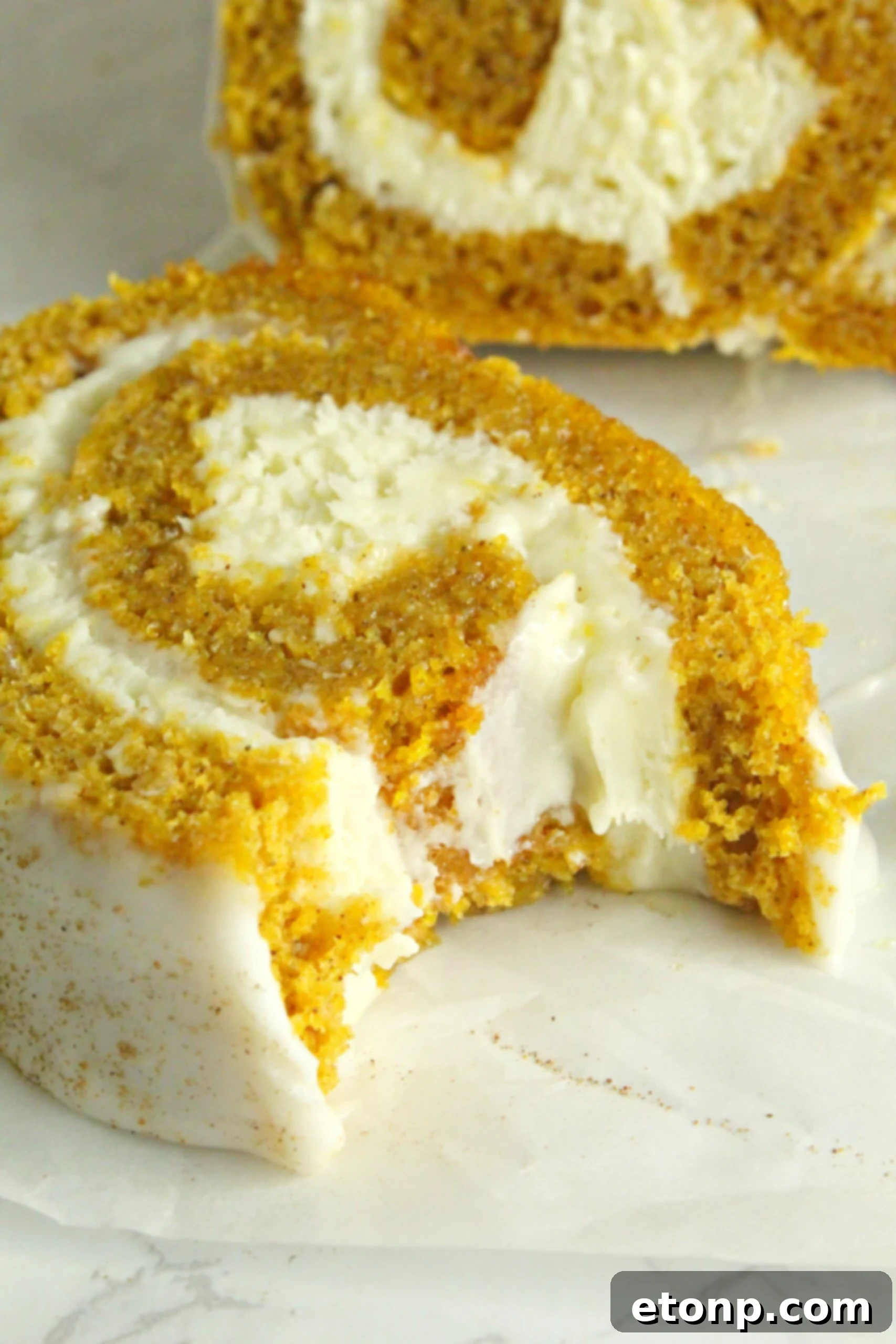 A final close-up image of the pumpkin cake roll, beautifully presented and ready for serving.