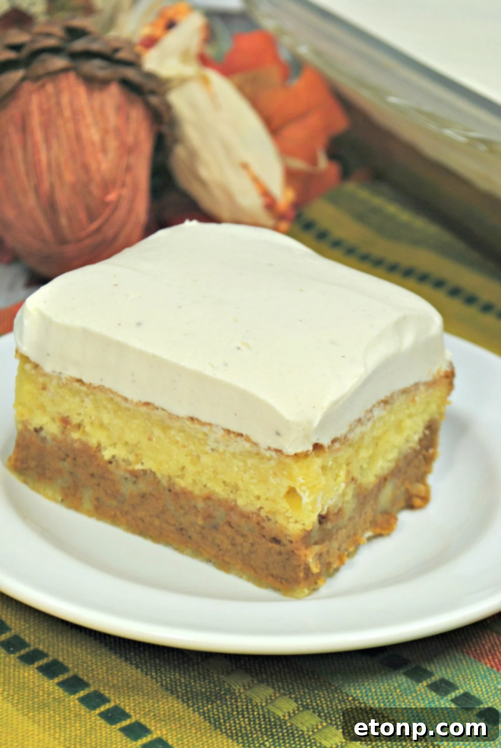 Enchanted Harvest Pumpkin Cake 3 Close-up of the Pumpkin Magic Cake layers: spice cake and pumpkin pie filling