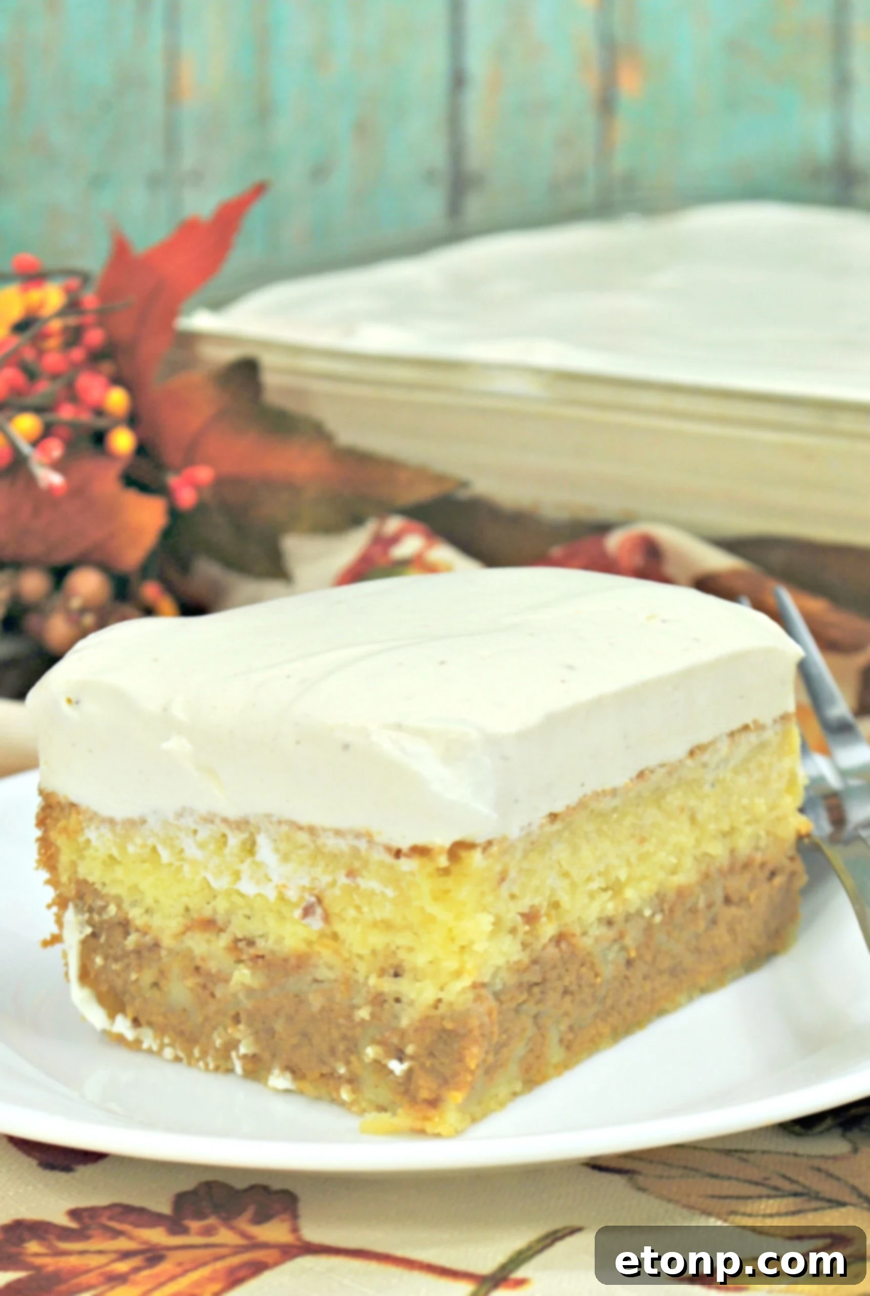 Enchanted Harvest Pumpkin Cake 6 Overhead view of a prepared Pumpkin Magic Cake slice on a plate