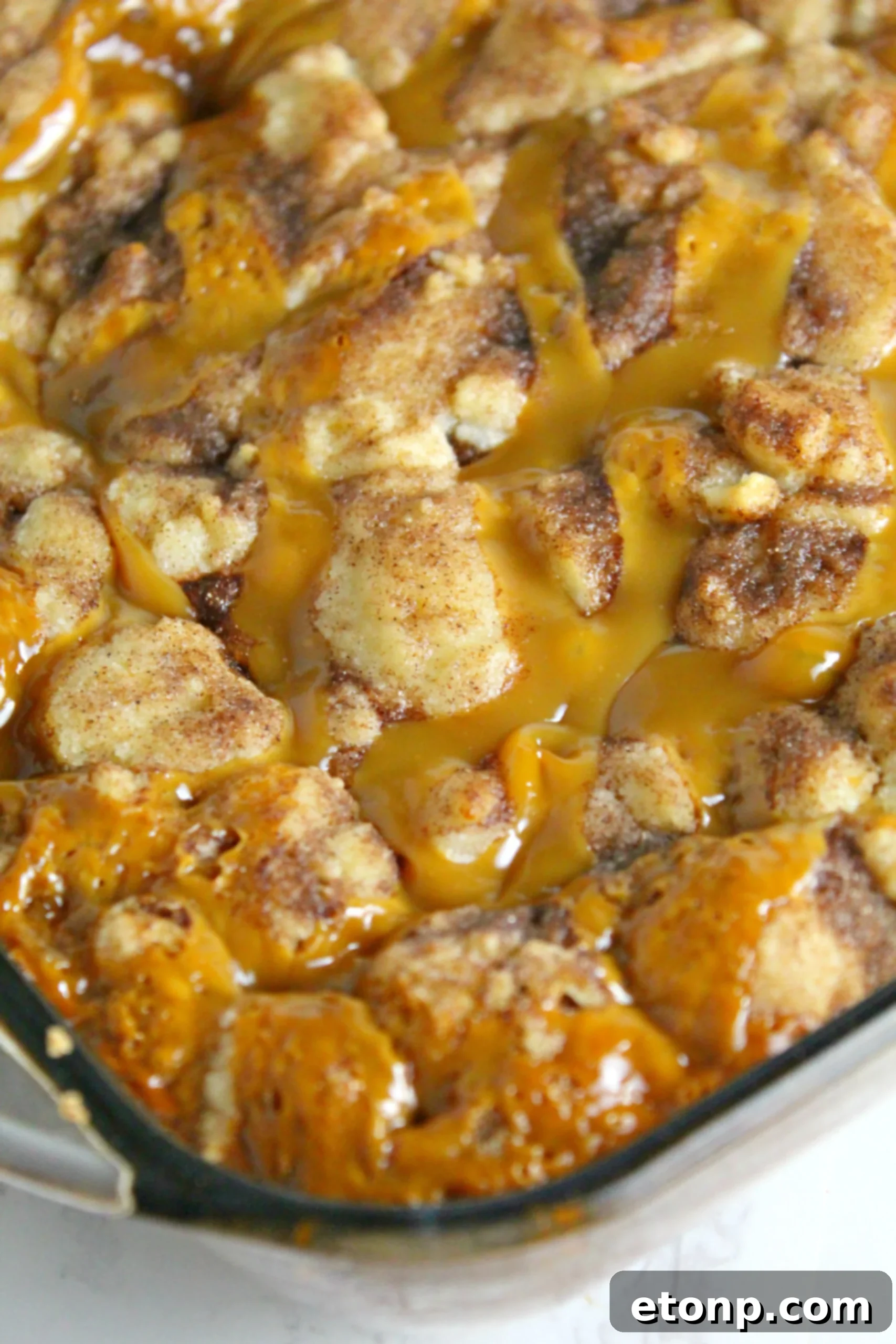 Snickerdoodle Cobbler in a baking dish, freshly baked and ready to cool.