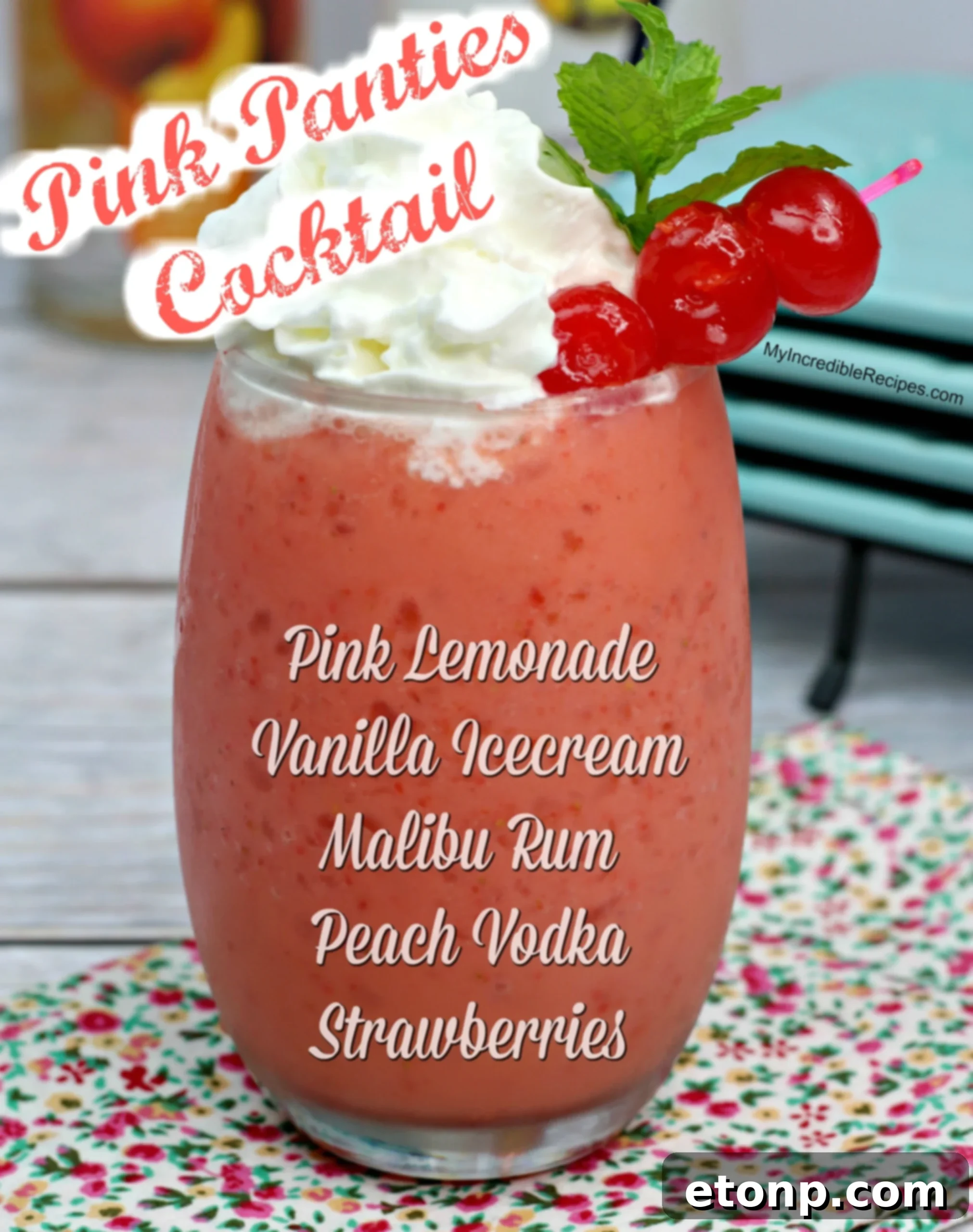 Delicious Pink Panties Cocktail in a tall glass with whipped cream and a strawberry garnish, perfect for a party