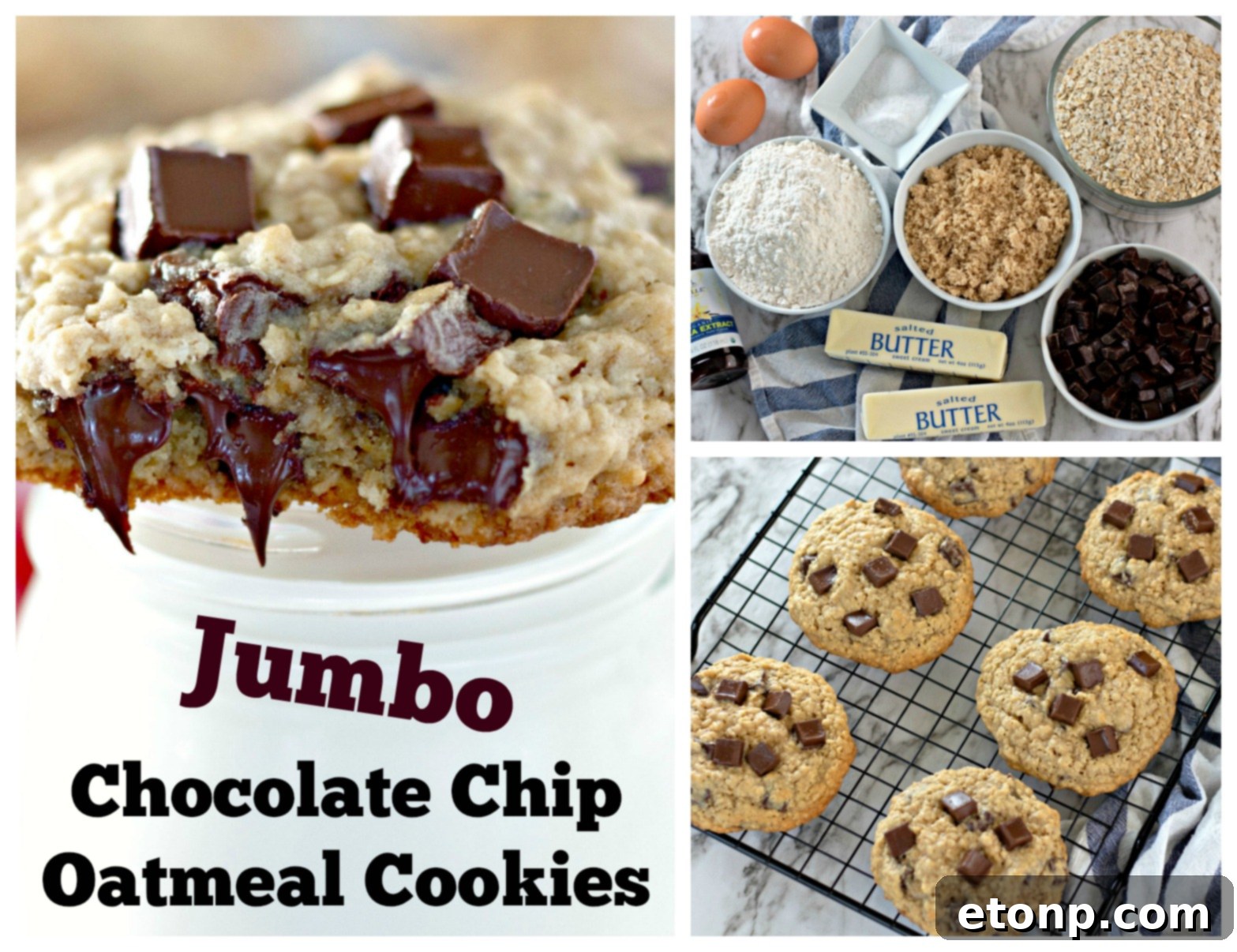 Chewy Jumbo Chocolate Chunk Oat Cookies 3 Close-up of a giant chocolate chunk oatmeal cookie with melted chocolate