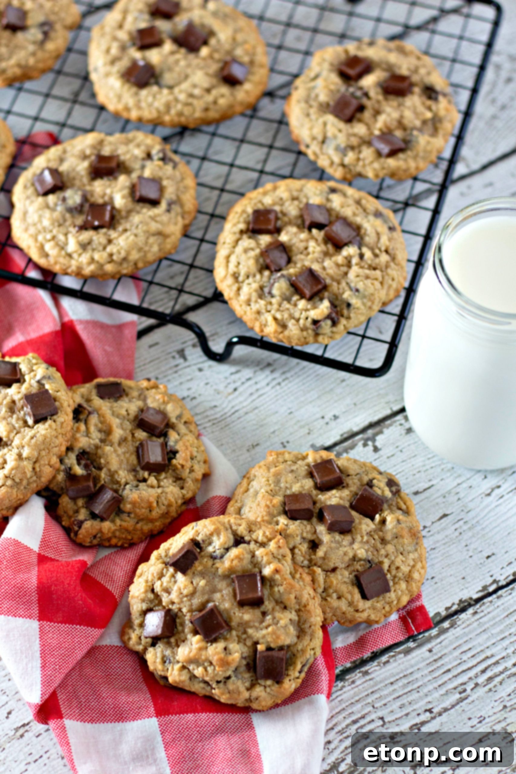 Chewy Jumbo Chocolate Chunk Oat Cookies 5 A hand holding a giant chocolate chunk oatmeal cookie