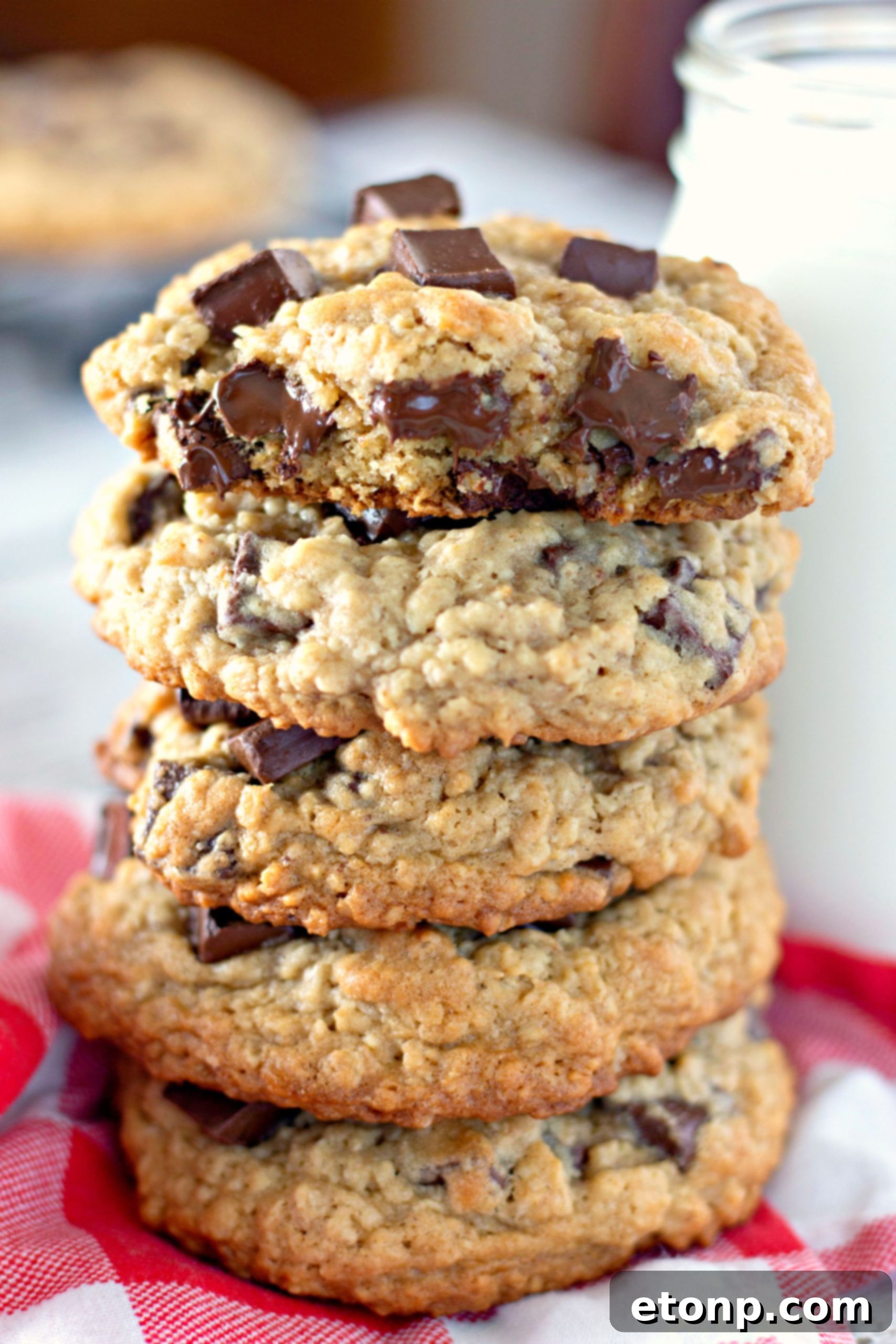 Chewy Jumbo Chocolate Chunk Oat Cookies 7 Ingredients for giant chocolate chunk oatmeal cookies laid out