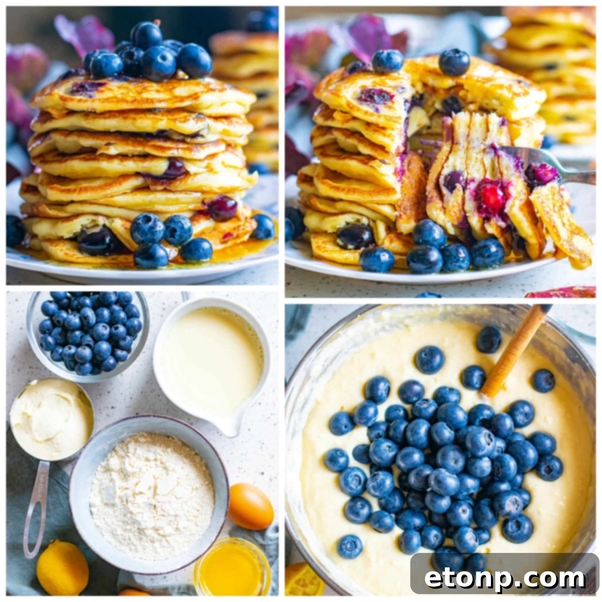 Close-up of a single blueberry cream cheese pancake with melted butter and fresh blueberries