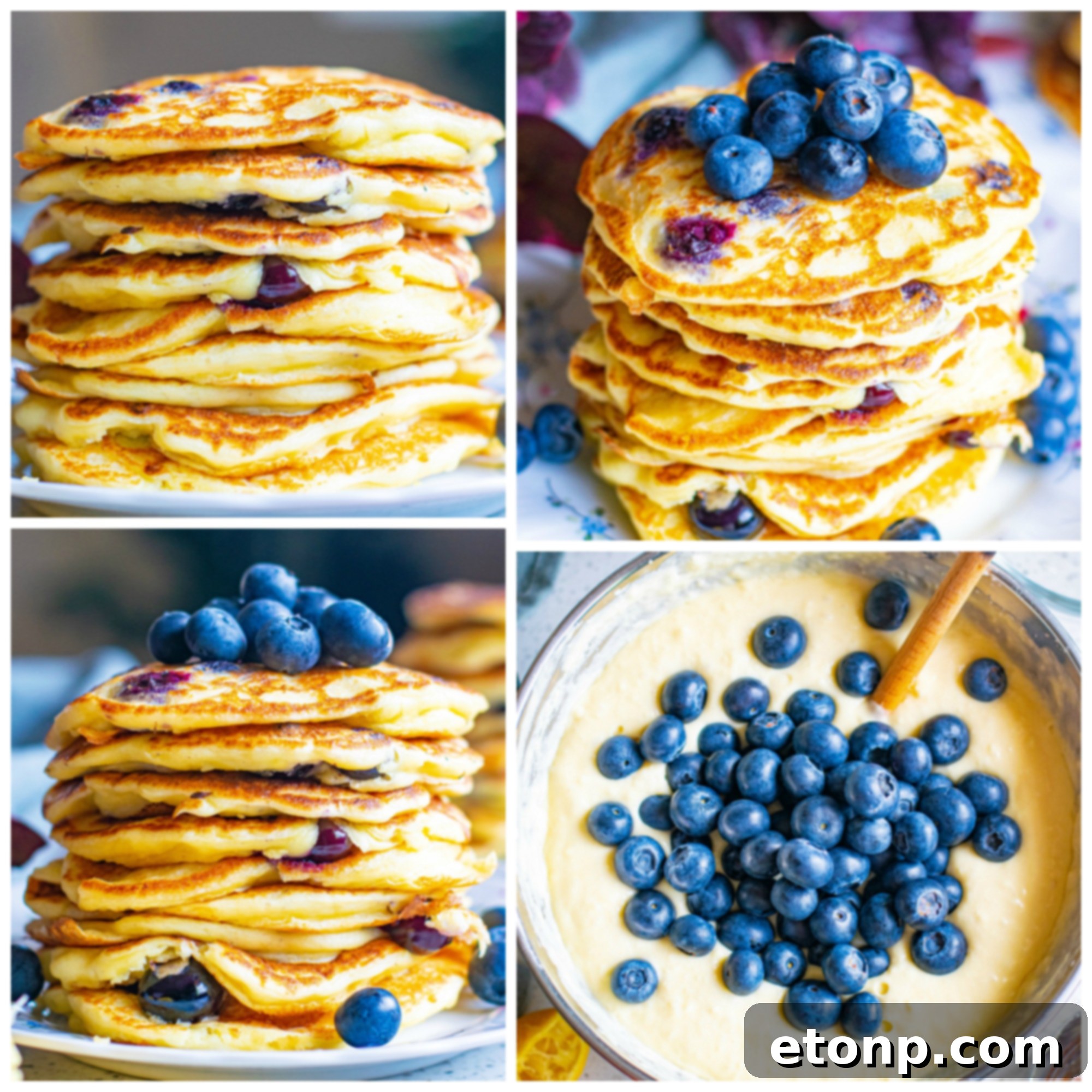 Close-up of a stack of blueberry cream cheese pancakes with fresh fruit and syrup