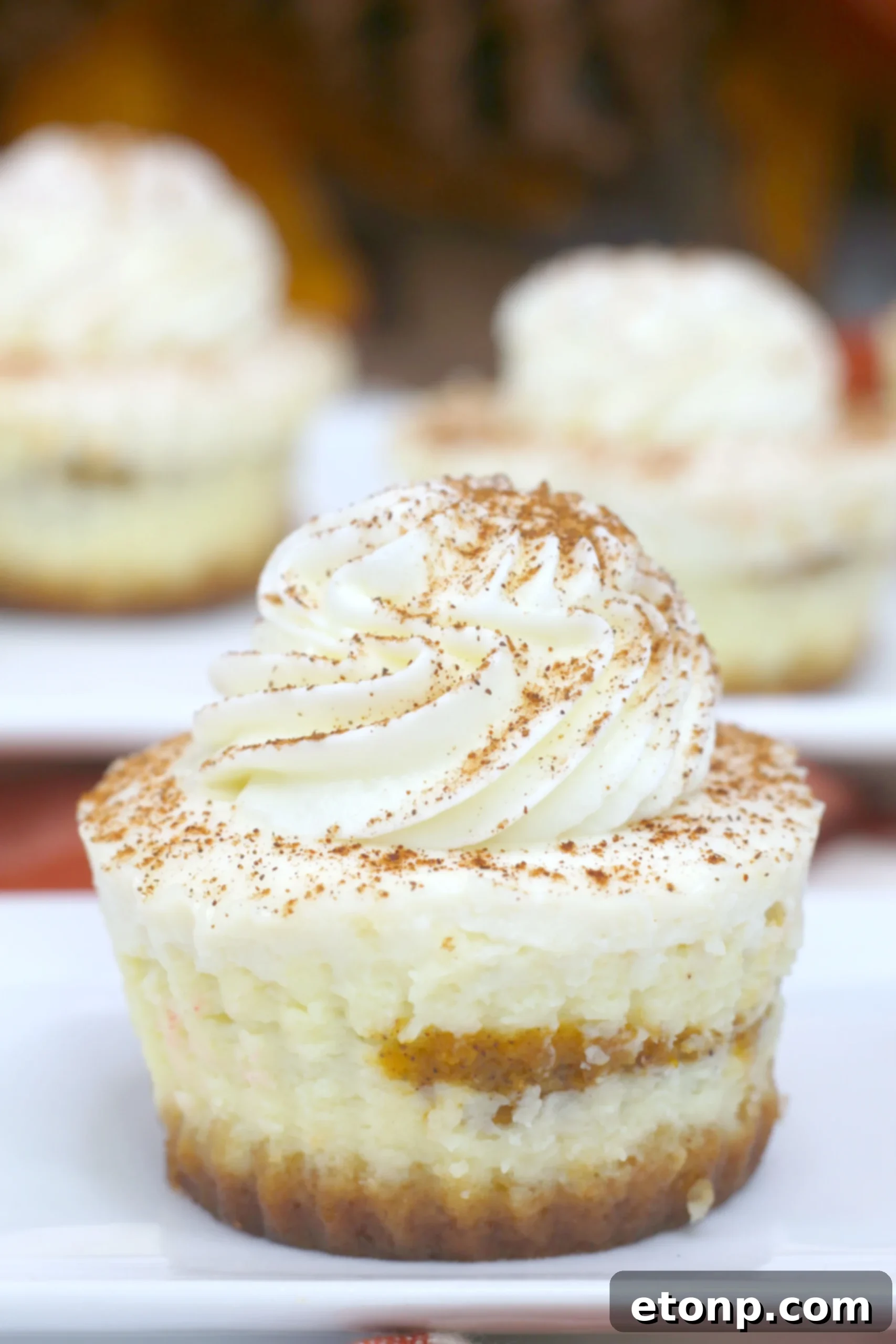 A hand holding a Pumpkin Swirl Cheesecake, highlighting its perfect individual size and inviting appearance.