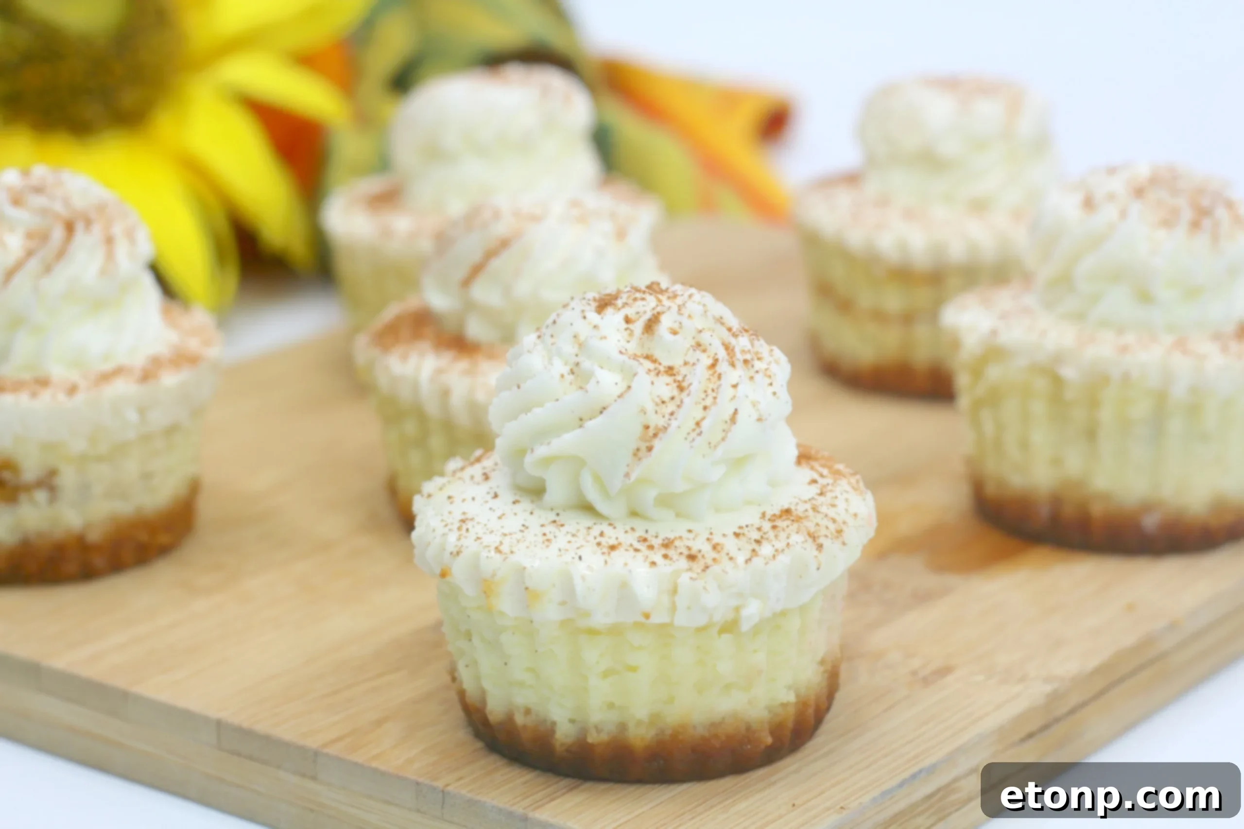 Multiple Pumpkin Swirl Cheesecakes arranged on a wooden board, showcasing their golden crusts and creamy tops before final garnishing.