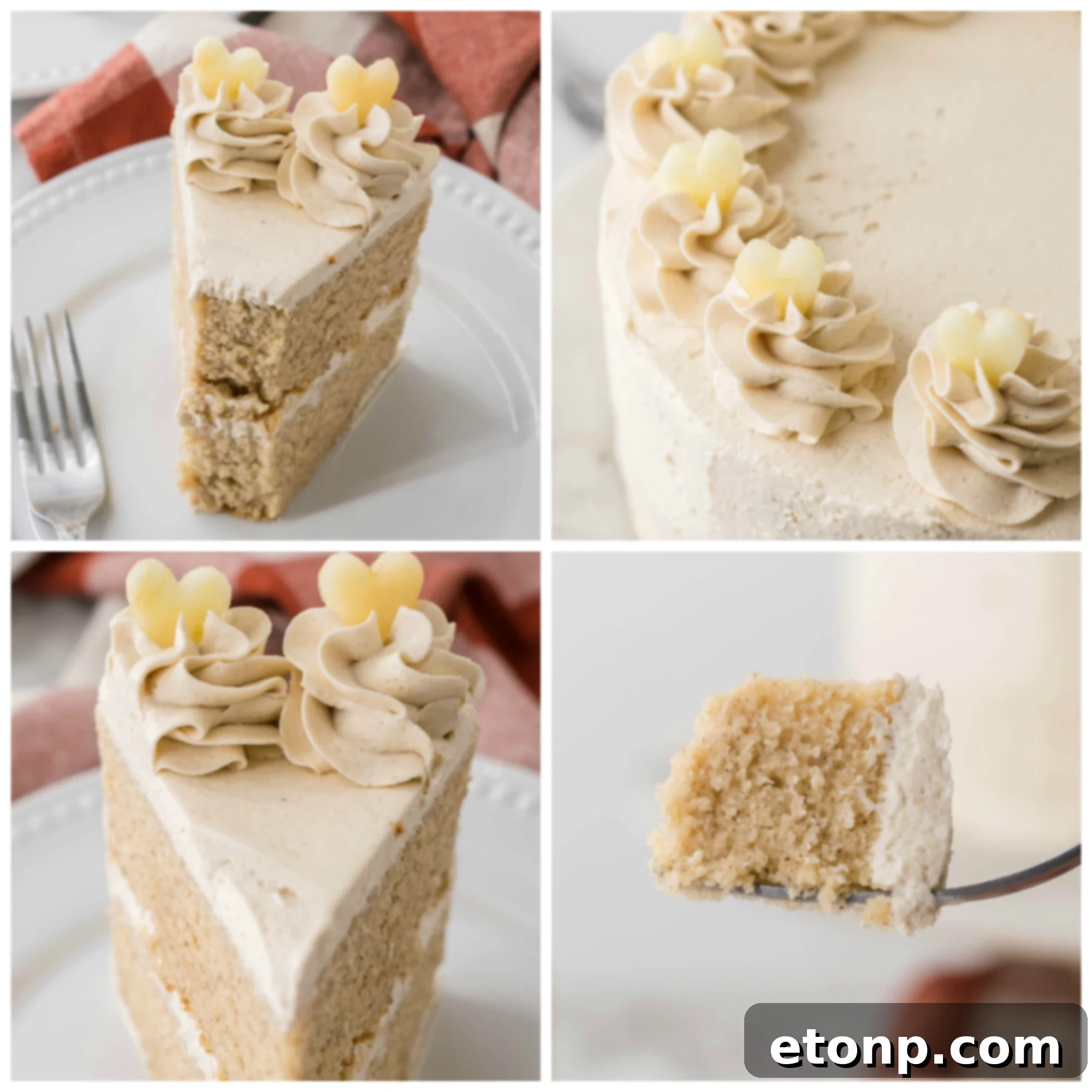 Close-up of a slice of apple cider cake, showing moist texture and rich frosting