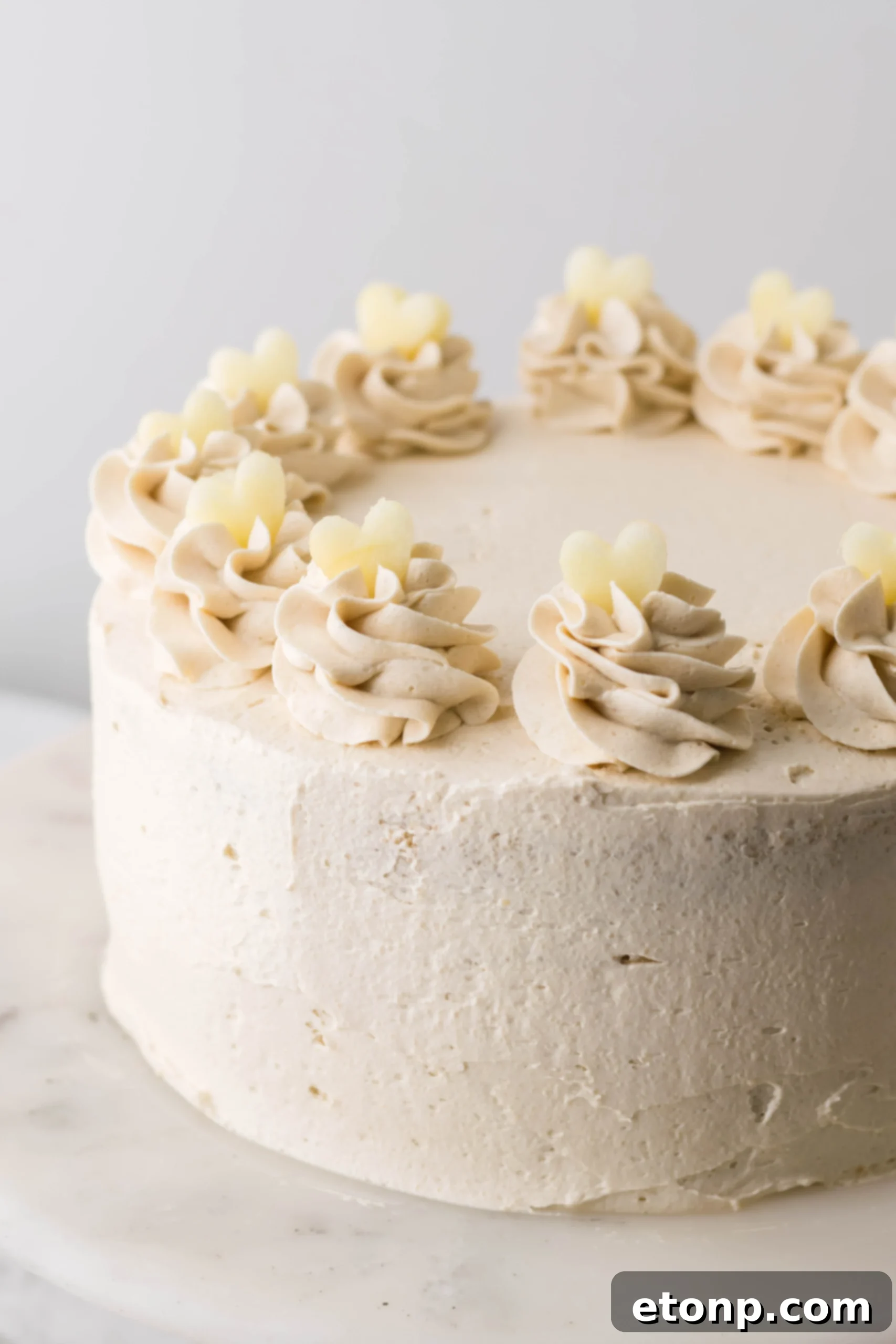 Overhead view of a perfectly frosted apple cider cake, ready to be sliced