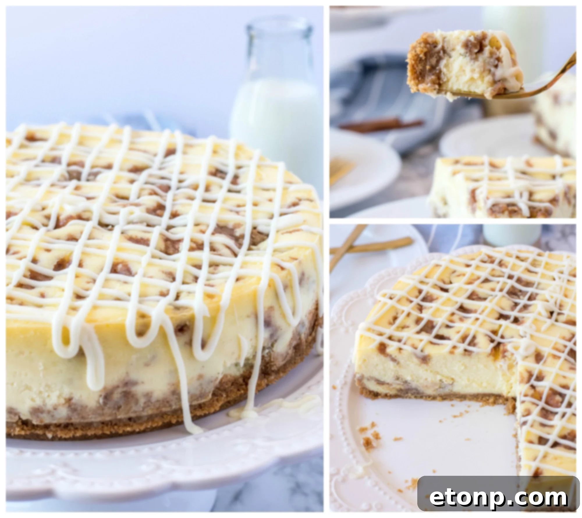 A wide shot of the Cinnamon Roll Cheesecake, showing its rustic homemade appeal and inviting texture.