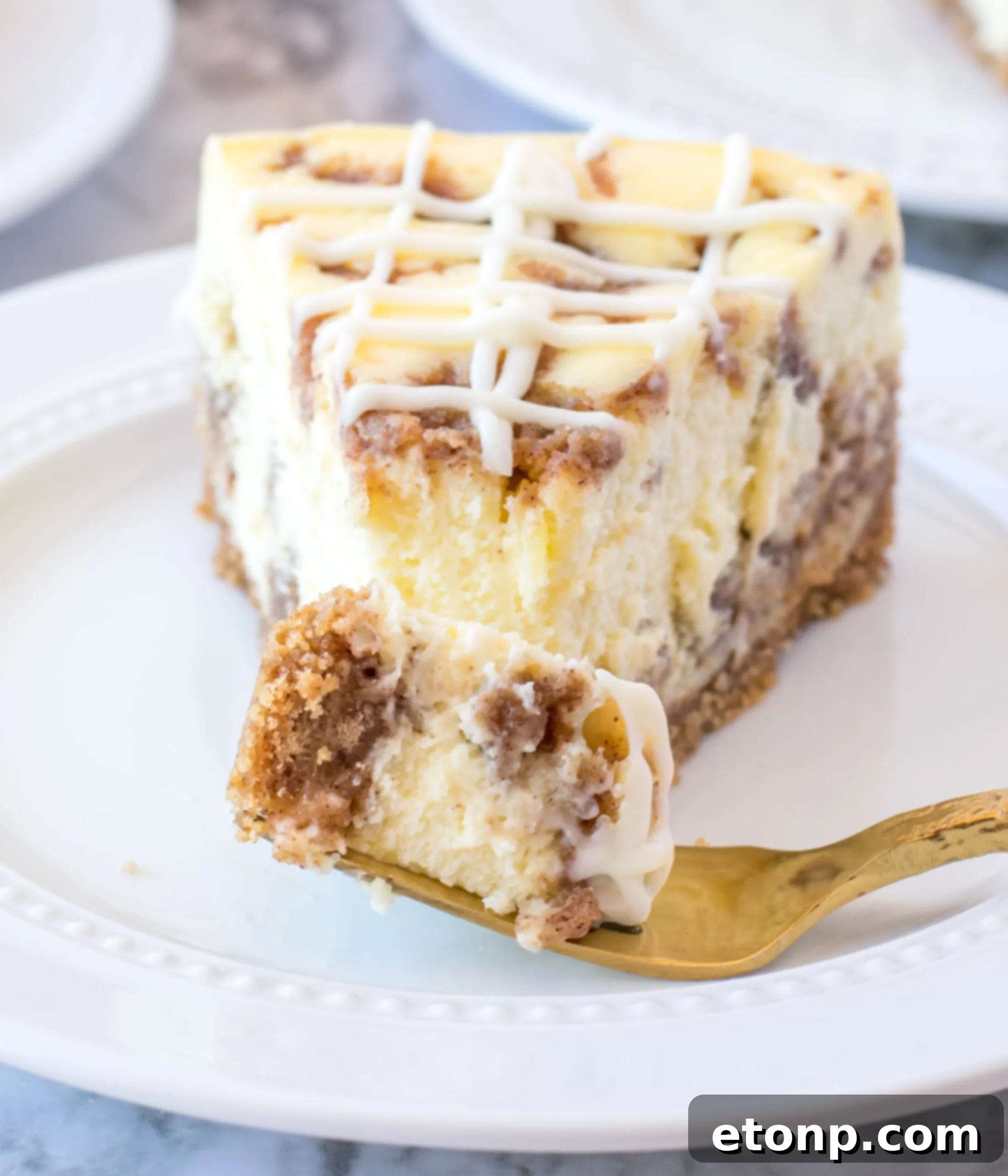 A close-up image of the baked cheesecake, showing the delicate details of the cinnamon swirl before being sliced.