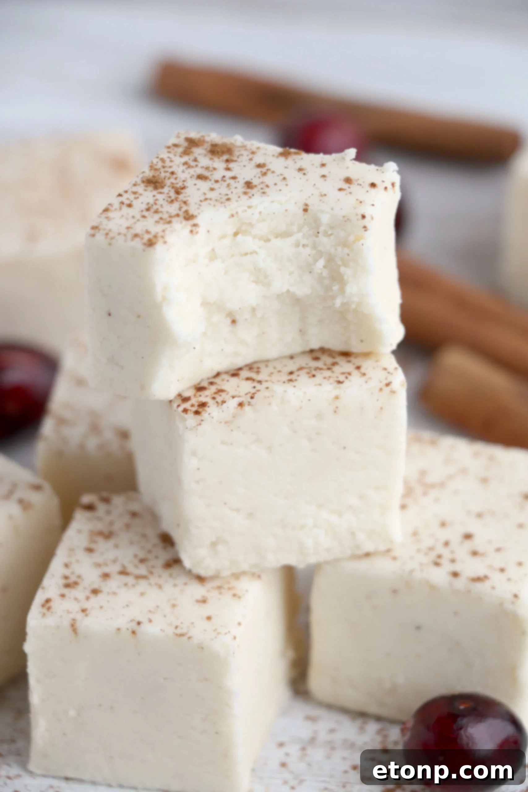 A close-up of eggnog fudge squares, highlighting the smooth, inviting texture.