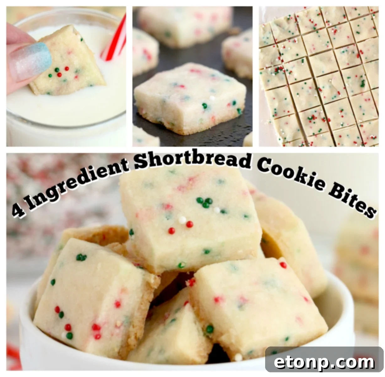 Overhead shot of two Christmas Shortbread Cookie Bites on a rustic wooden surface, highlighting their delicate texture.