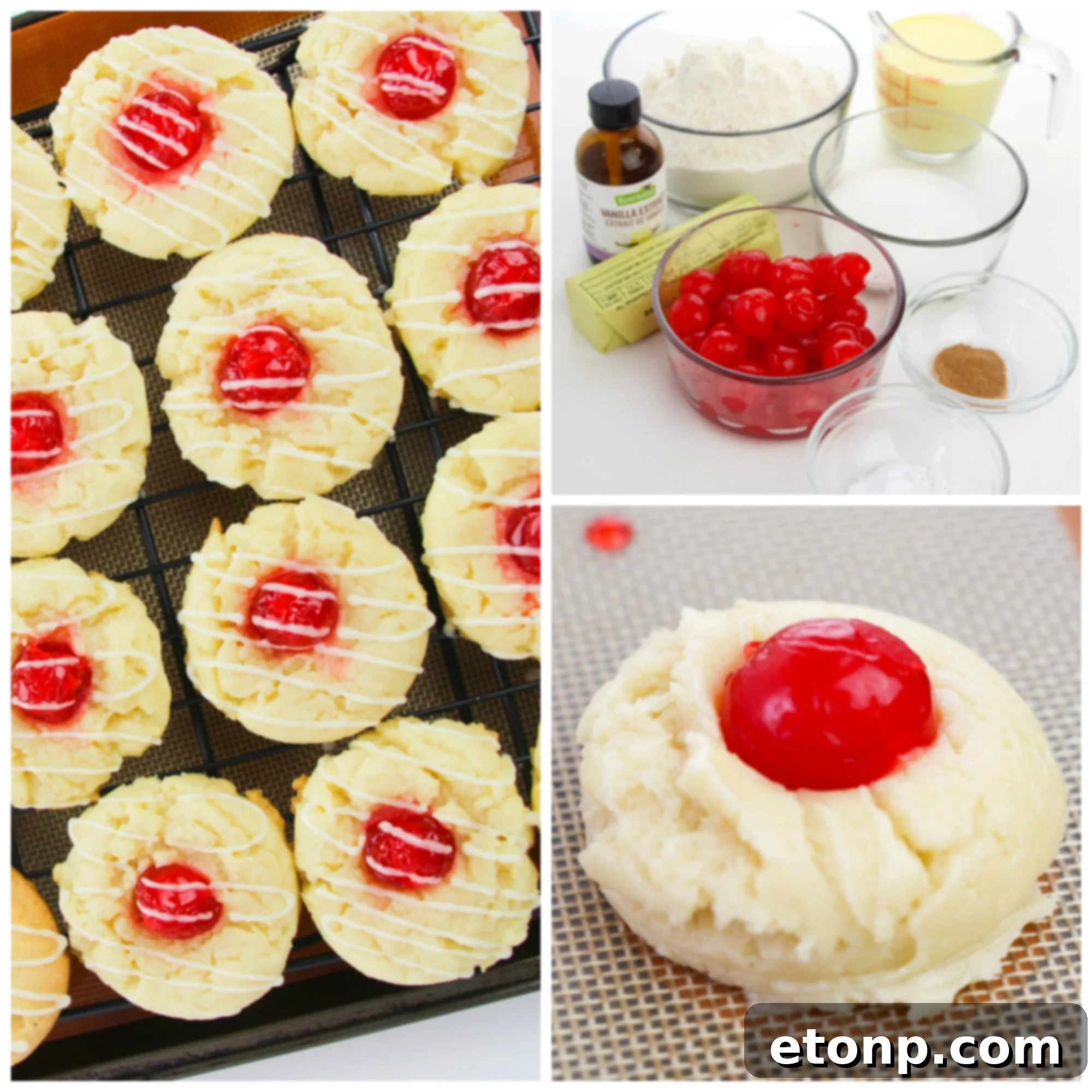 Stacked Eggnog Thumbprint Cookies showcasing their soft texture and cherry centers, ready for a holiday gathering.