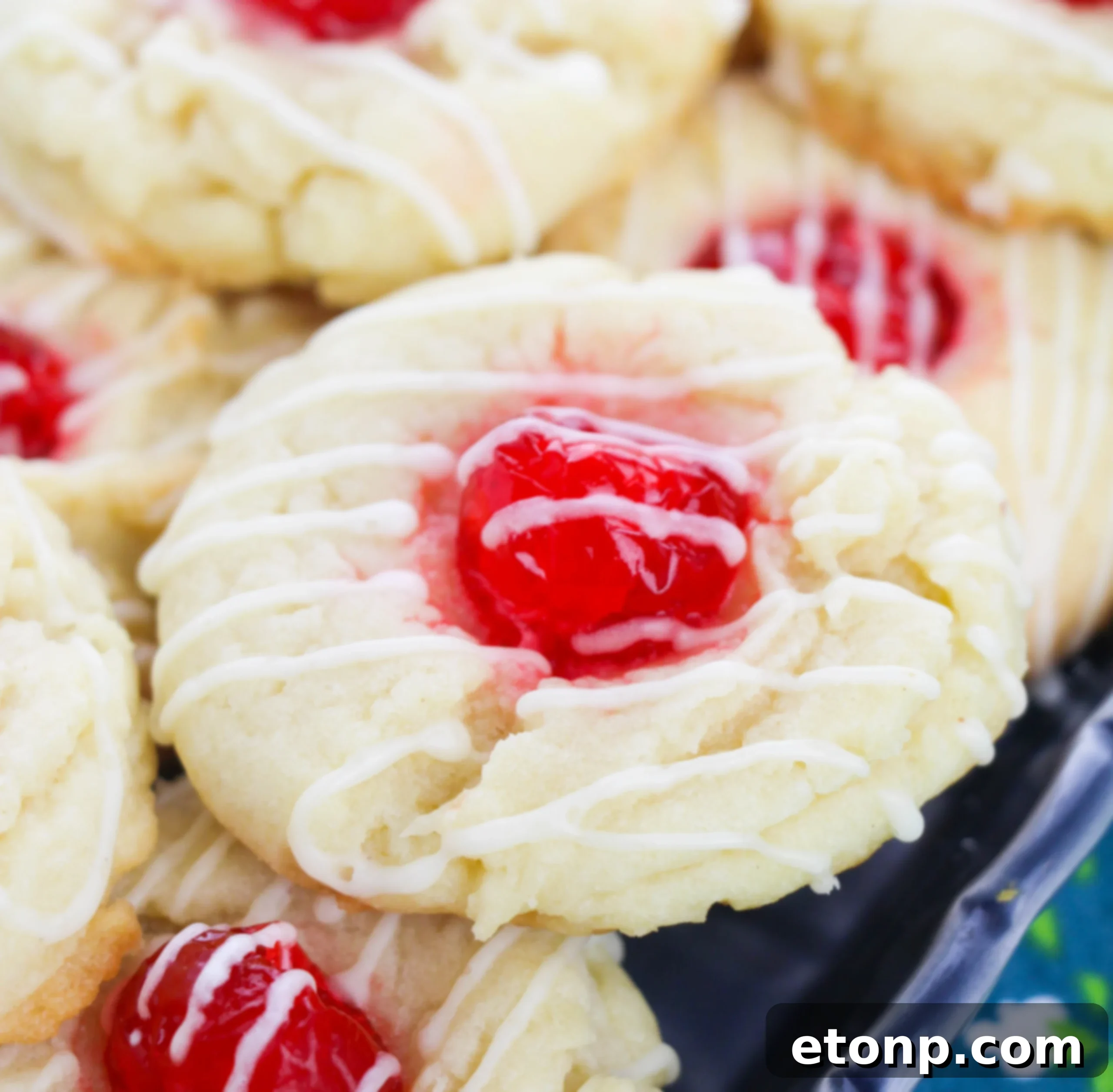 Homemade Eggnog Thumbprint Cookies, close up on the soft, spiced cookie with a sweet cherry filling.