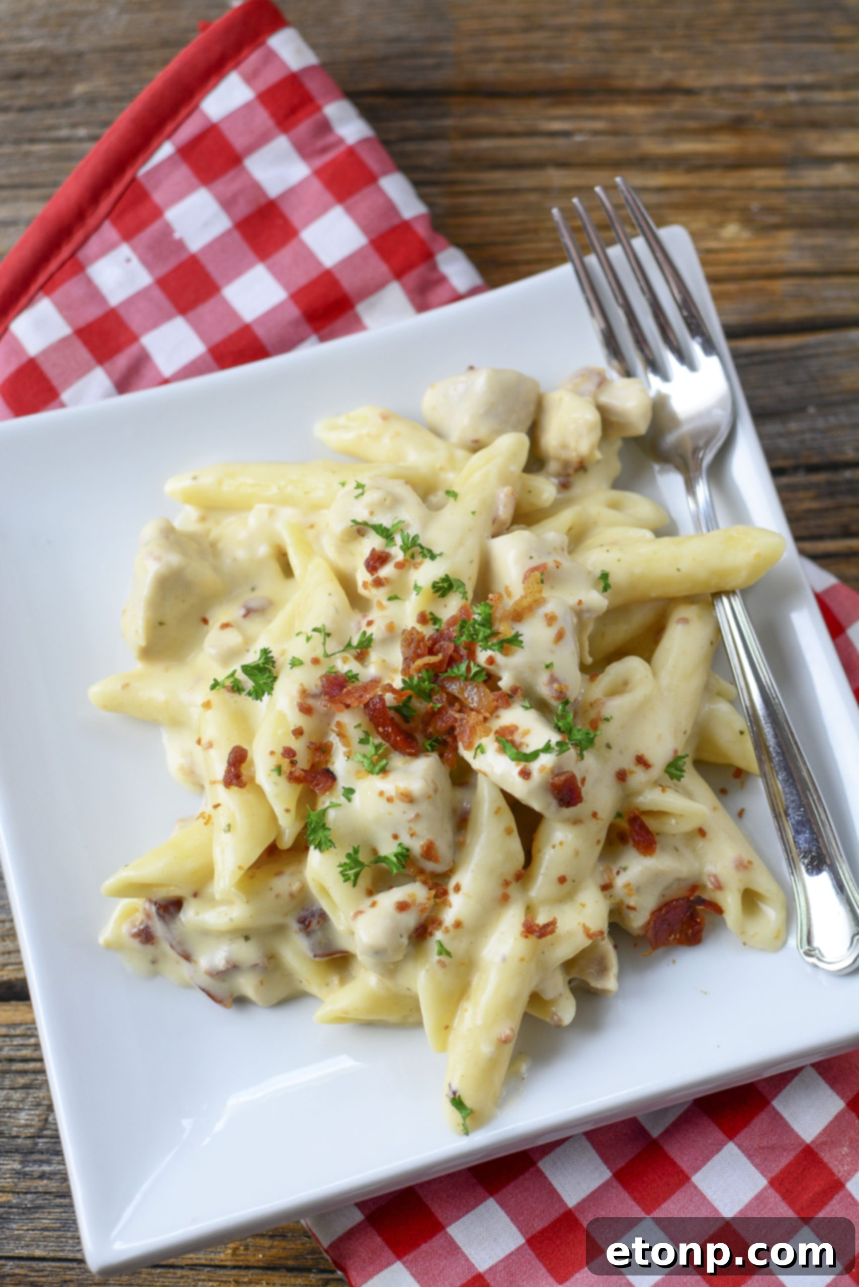 An overhead view of Instant Pot Crack Chicken Pasta, showcasing the blend of cheese, chicken, and bacon.